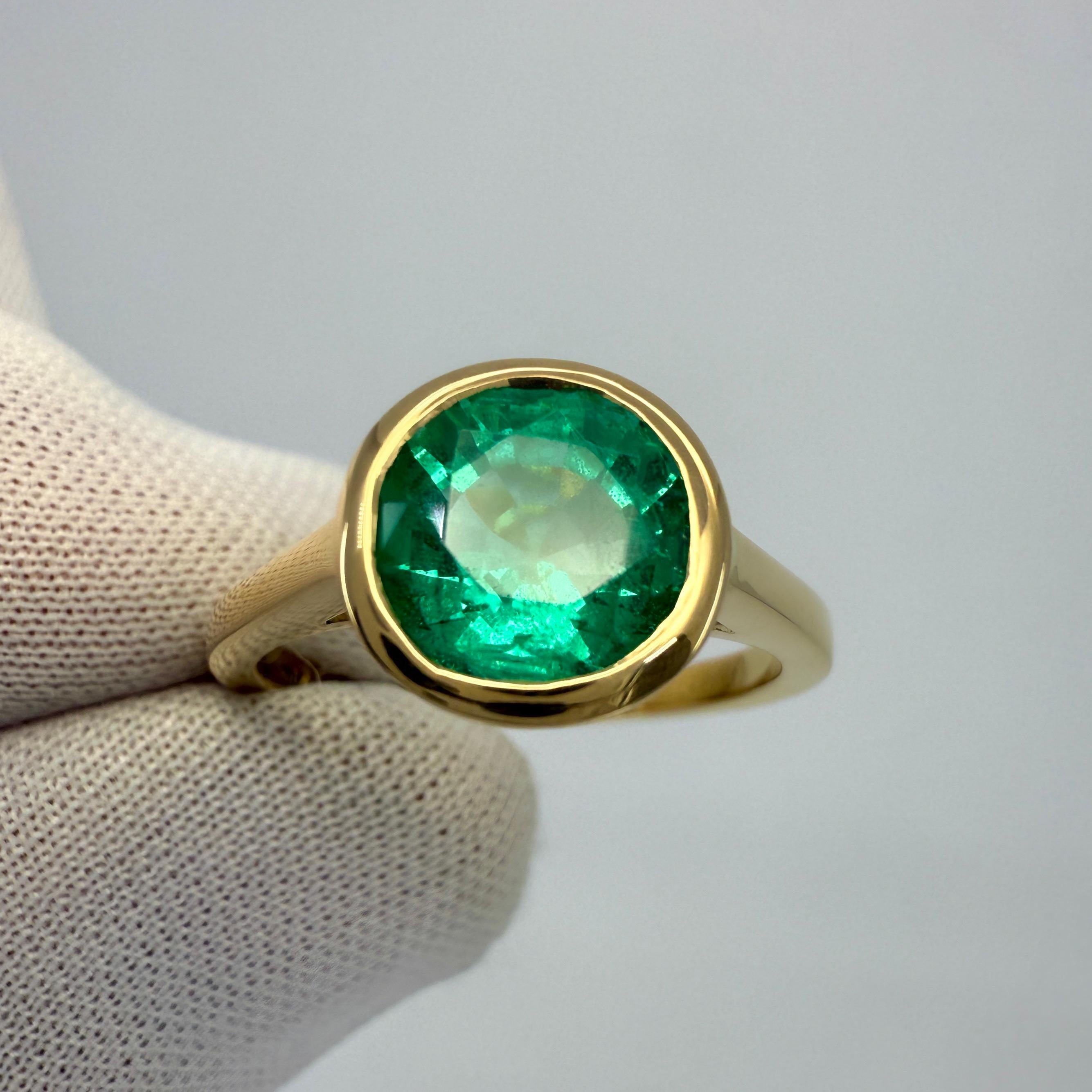 Esmeralda verde de 2,45 ct, certificada por el GIA, talla redonda, oro de 18 quilates, anillo con bisel y rublo en venta 2
