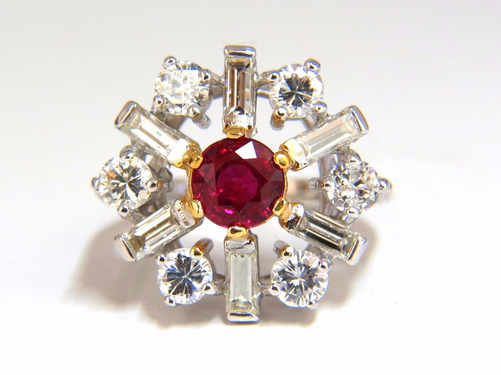 Ruby Ballerina / Art Deco Style Cluster 

GIA Certified .95Ct Natural Ruby Ring

Report:  5181115146

Round / Step Cut

Transparent, Even Red

5.92 X 5.95 X 3.30mm

Minor Heating.

1.50ct. side natural baguette &  round cut diamonds

G color vs-2