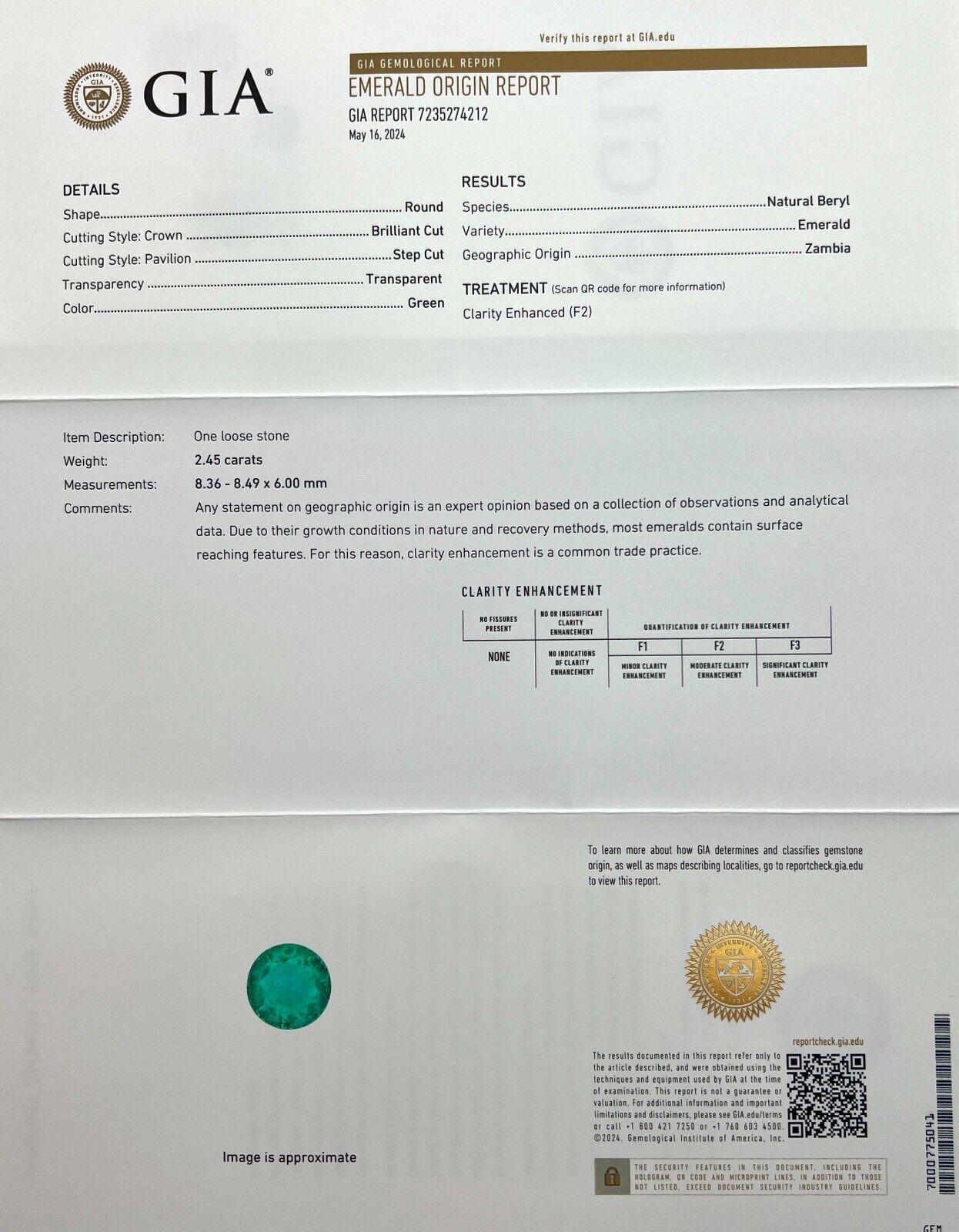 GIA CERTIFIED 2.45ct Natural VIVID Green Zambian Emerald Round Cut Gem 8.5mm In New Condition In Birmingham, GB