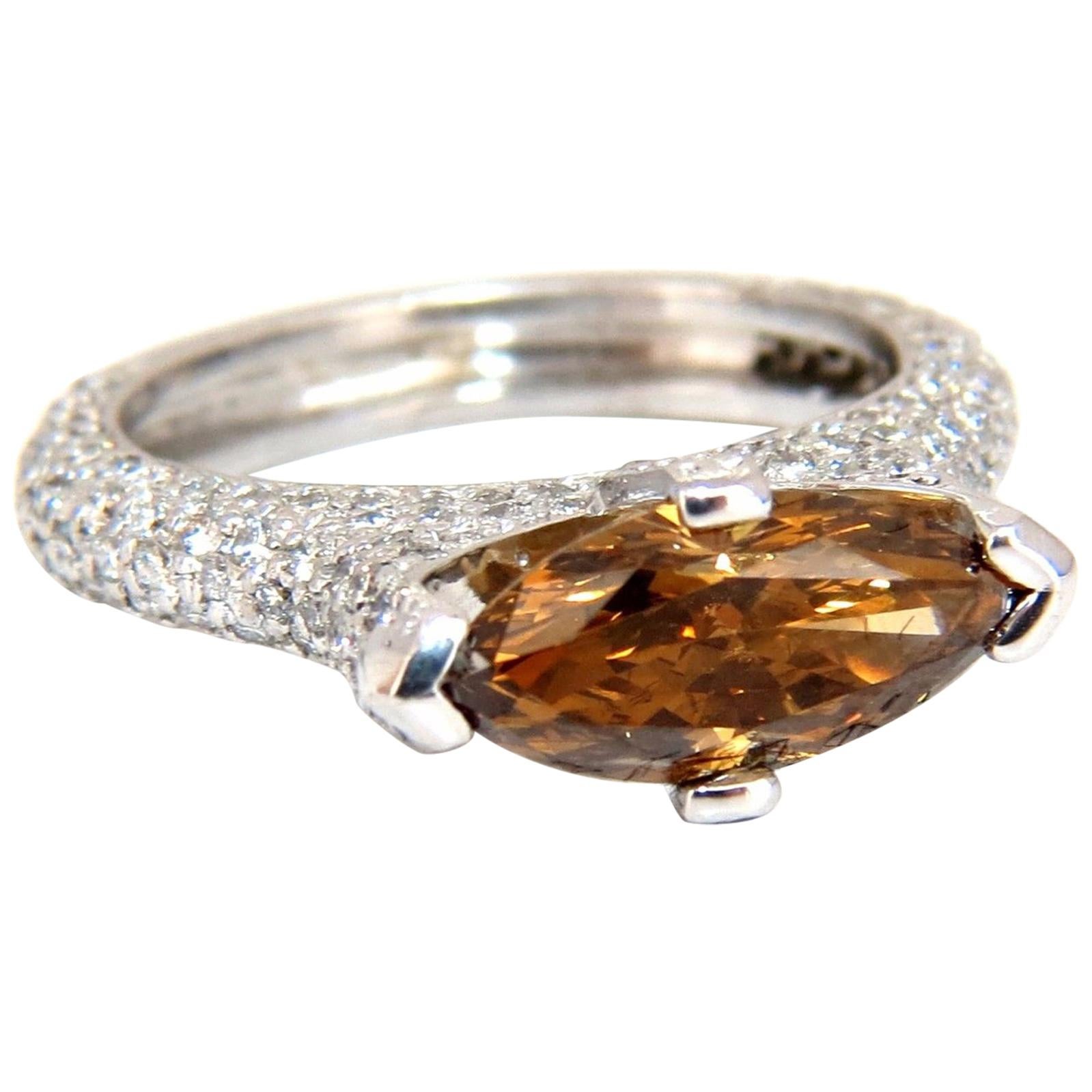 GIA Certified 2.46 Carat Fancy Dark Yellow Brown Diamond Ring Platinum For Sale