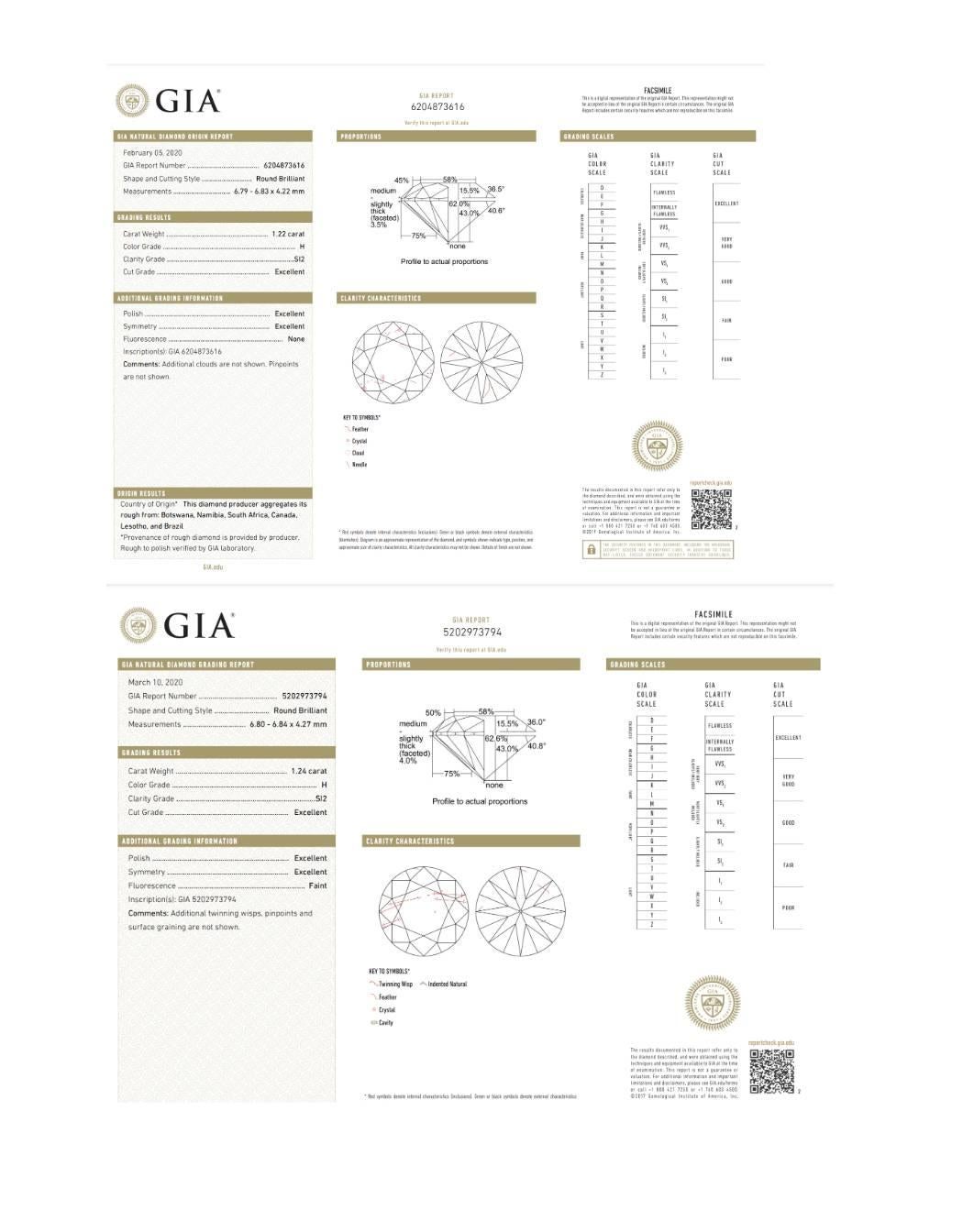 Round Cut GIA Certified 2.46 Carat H SI2 Round Natural Diamond Three Prong Stud Earrings