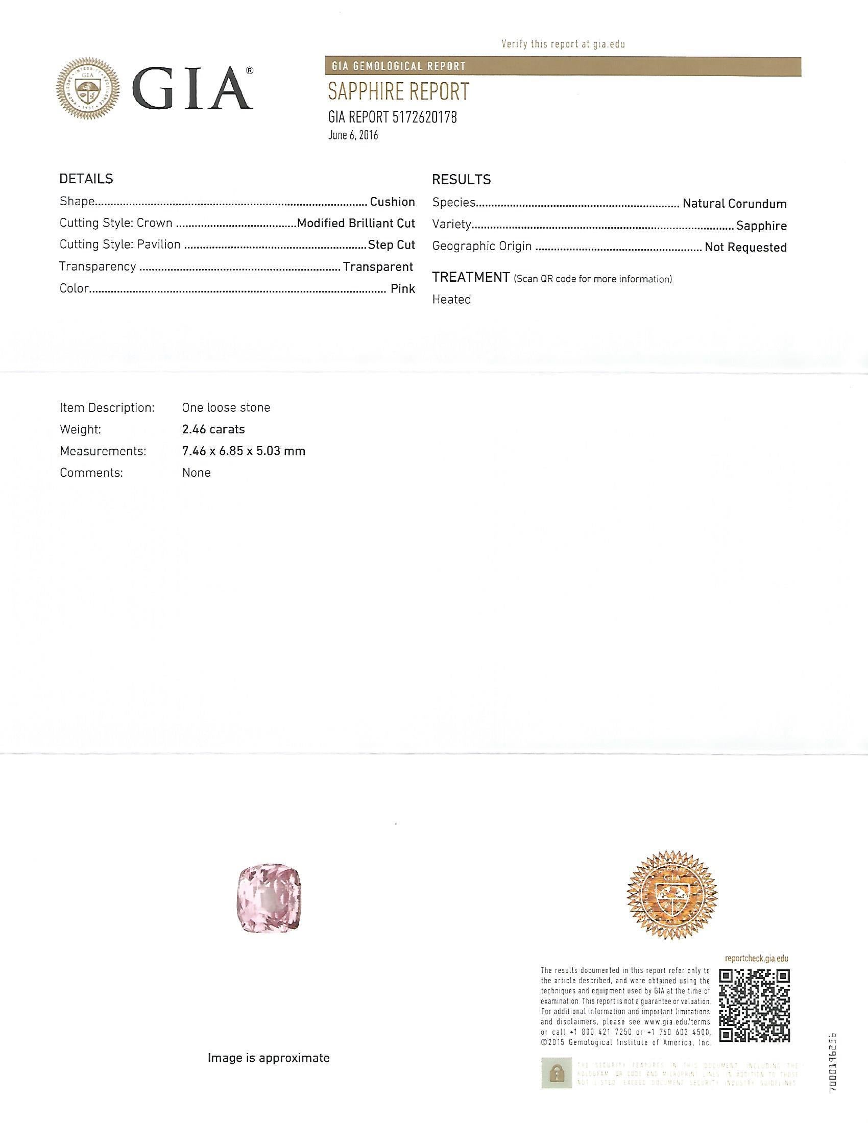 Im Angebot: GIA Certified 2.46 Carat Cushion Pink Sapphire Diamond Halo Engagement Ring. () 6