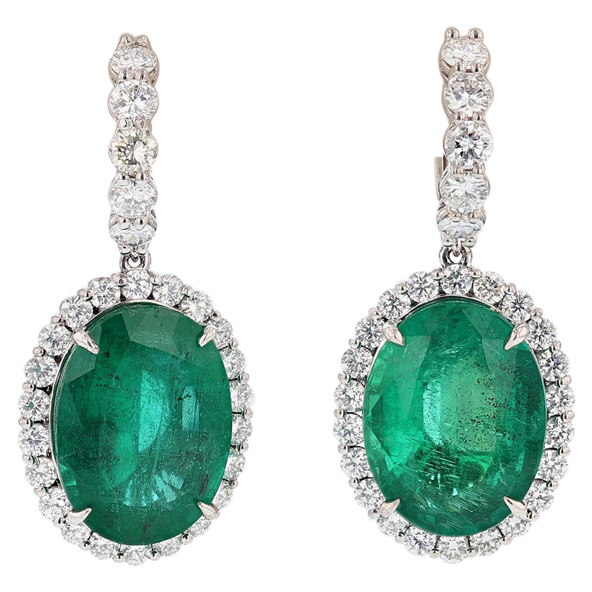 GIA Certified 24.88 Carat Oval Colombian Green Emerald and Diamond Earrings For Sale