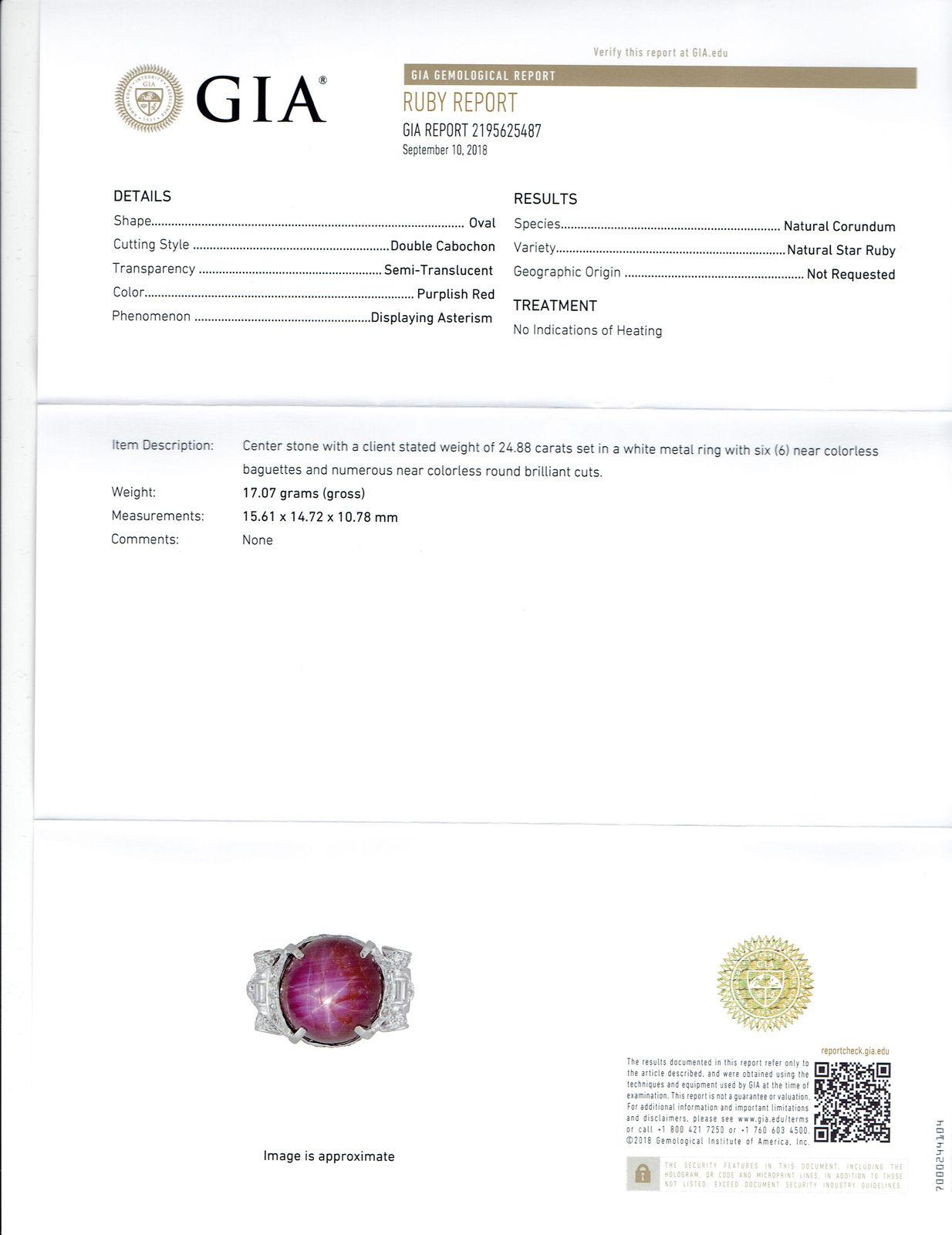 GIA Certified 24.88 Carat Star Ruby Diamond White Gold Art Deco Cocktail Ring For Sale 2