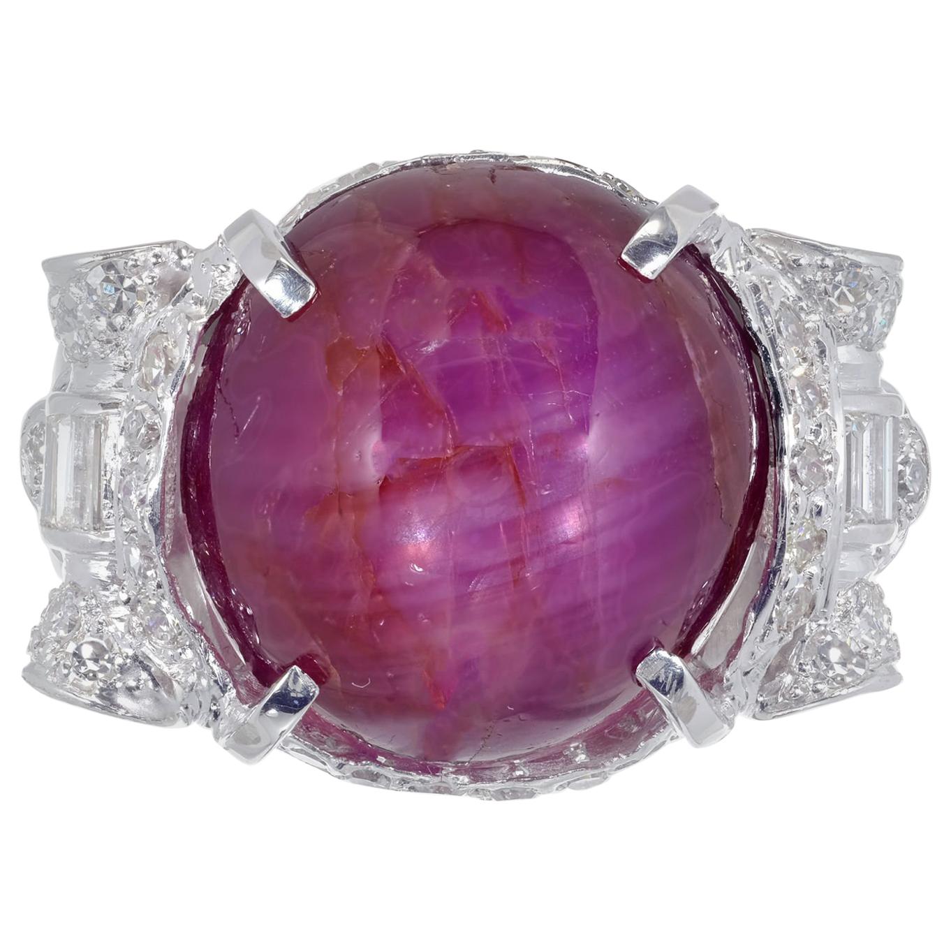 Bague cocktail Art déco en or blanc avec rubis étoilé de 24,88 carats et diamants certifiés GIA