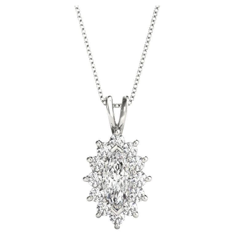 GIA Certified 2.5 Carat Marquise Diamond Sunburst Halo Gold Pendant Necklace