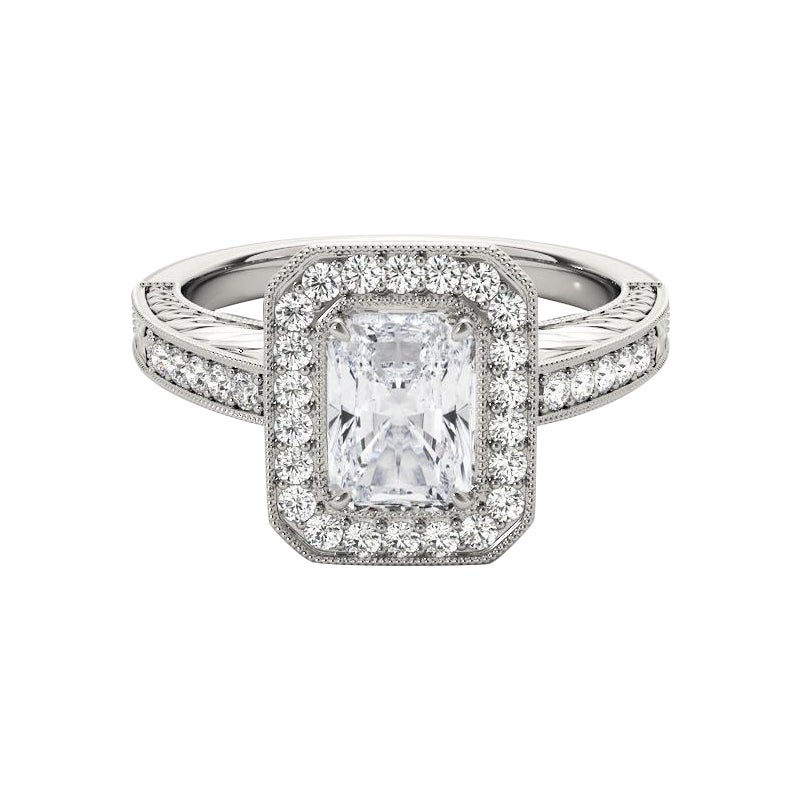 GIA Certified 2.5 Carat Radiant Halo Engraved Openwork Platinum Diamond Ring (anello con diamante radiante inciso)