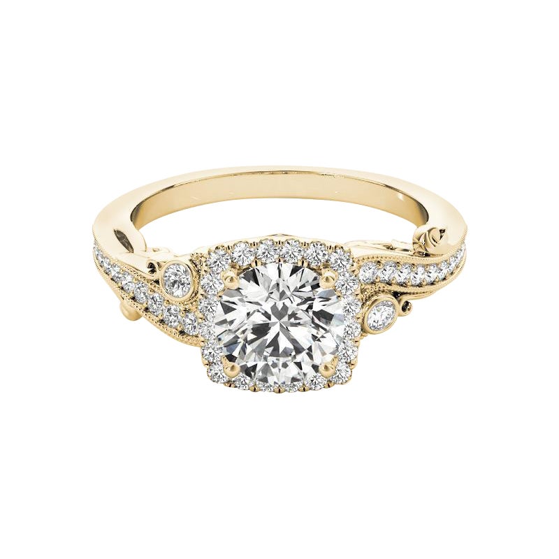 Anillo de diamantes curvado con halo redondo de 2,5 quilates certificado por el GIA en venta