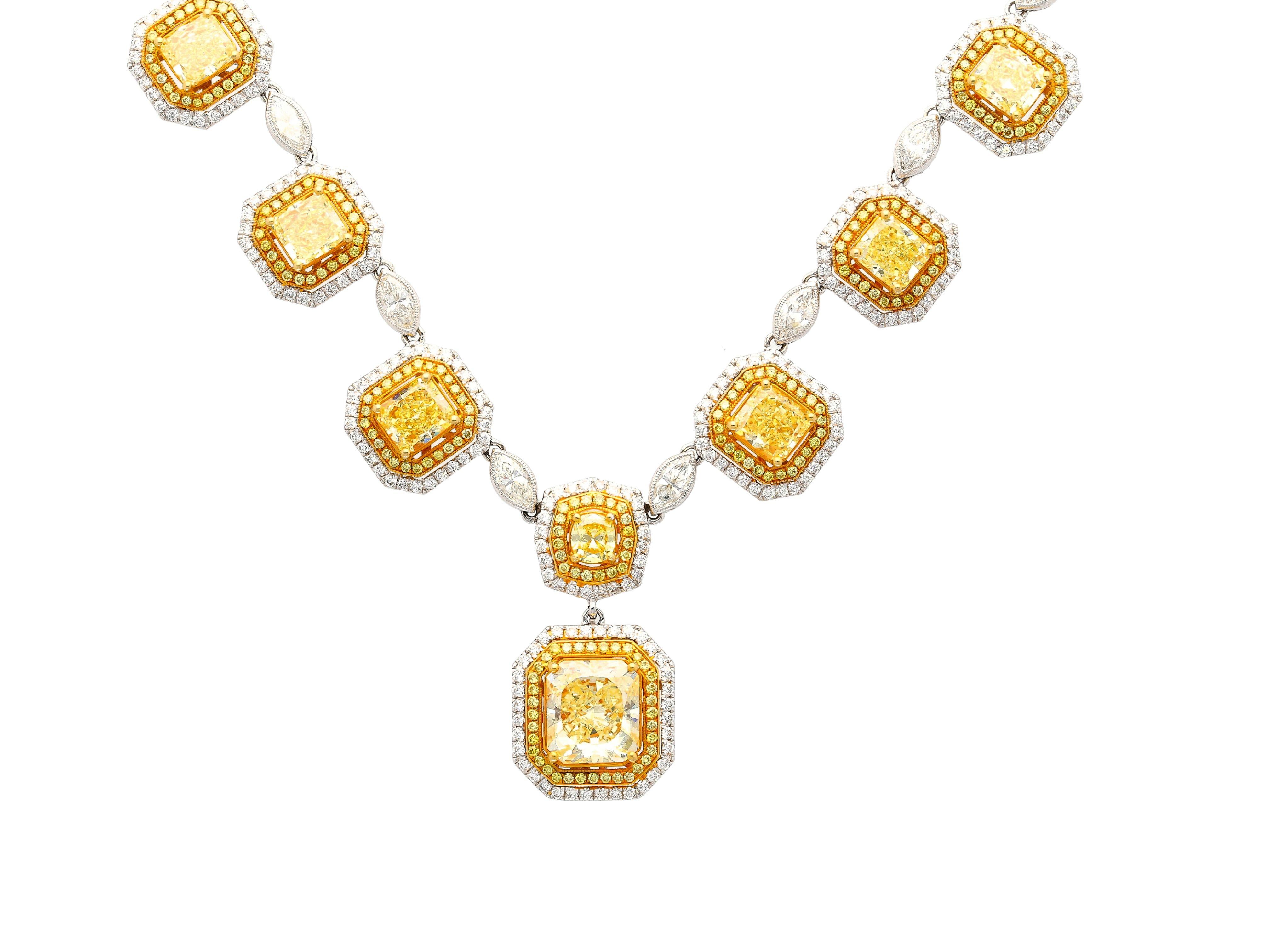 GIA Certified 25 Carat TW Radiant Cut Fancy Yellow Diamond Charm Necklace In New Condition For Sale In Miami, FL