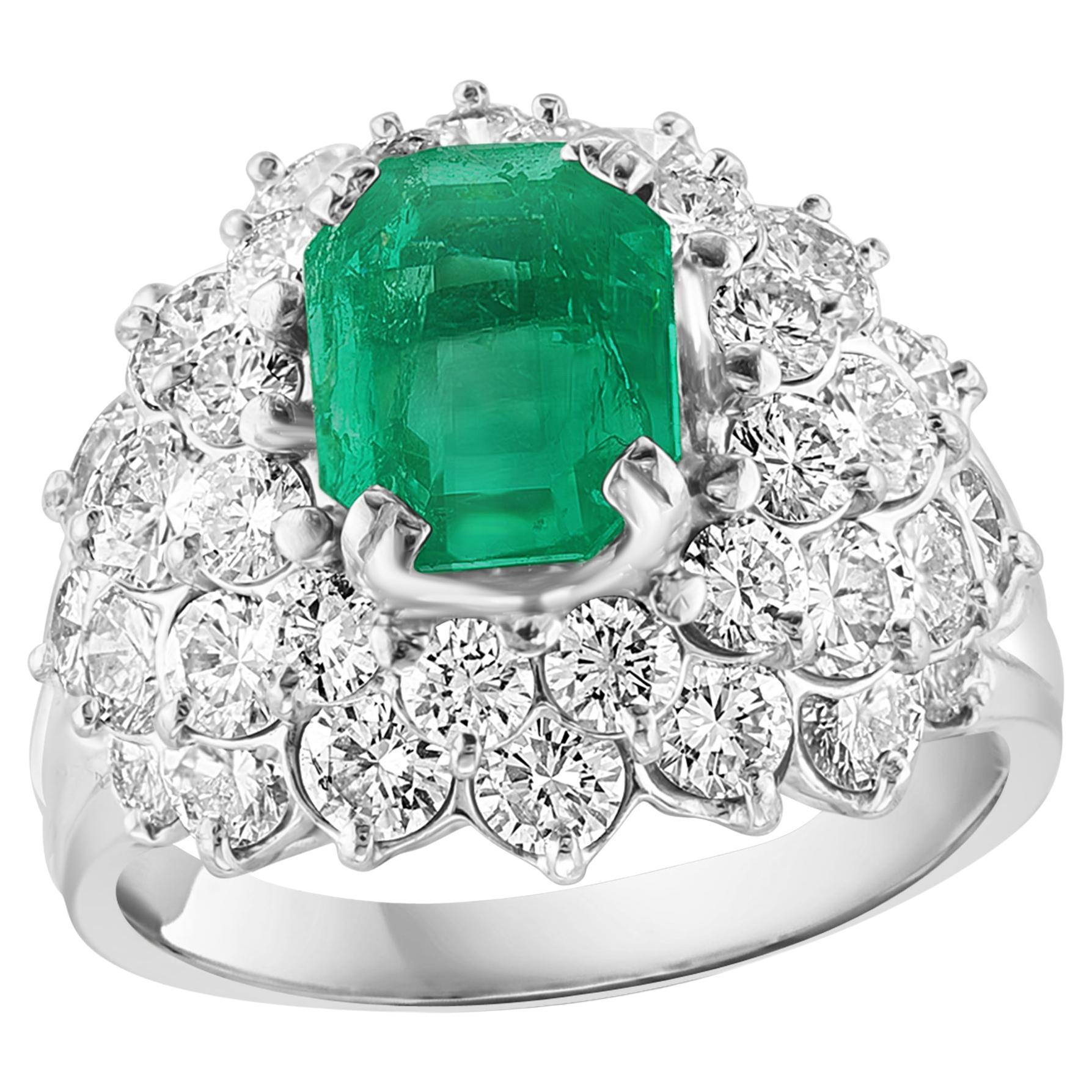 GIA Certified 2.5ct Emerald Cut Colombian Emerald Diamond Ring 18kt White Gold For Sale