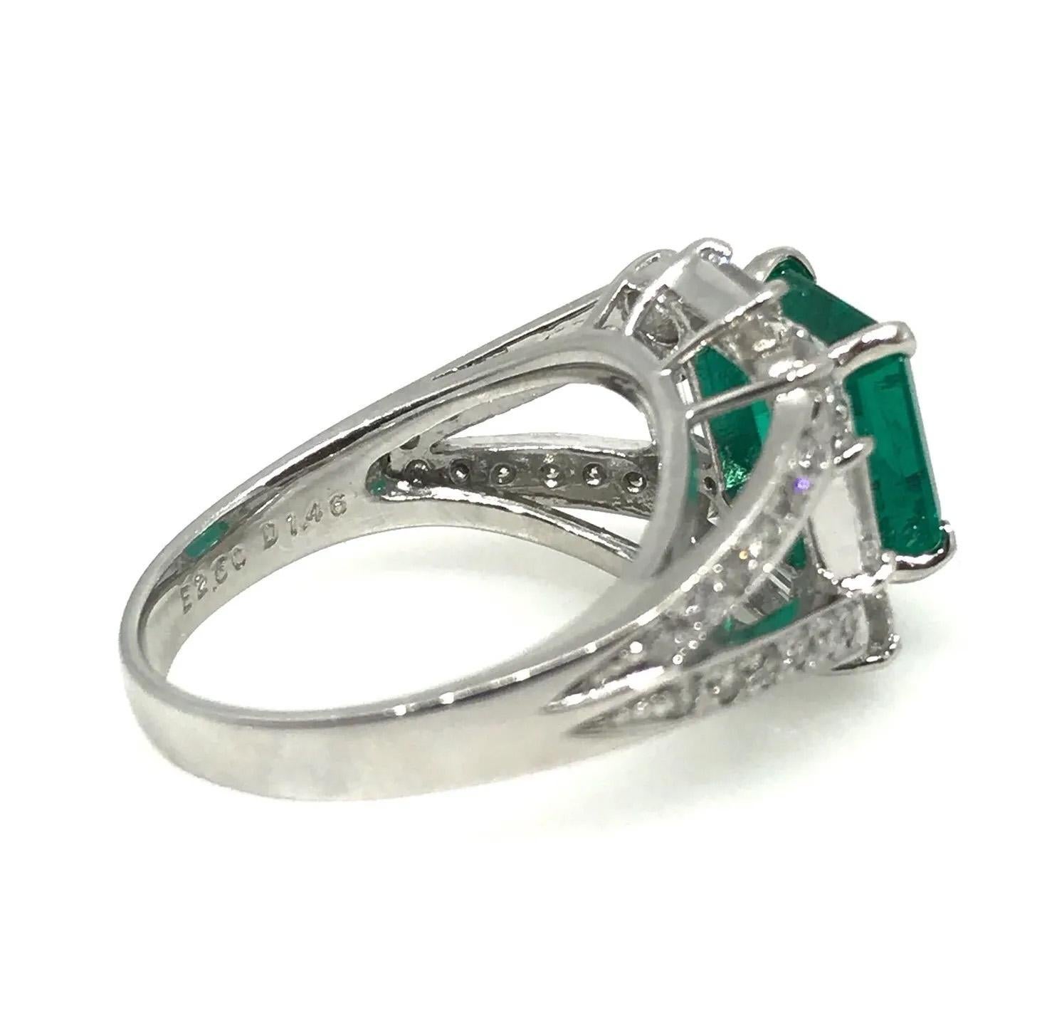 Emerald Cut GIA Certified 2.50 carat Colombian Emerald and Diamond Ring in Platinum For Sale