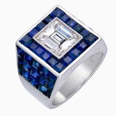 GIA Certified G VS1 2.50 Carat Emerald Cut Diamond And Blue Sapphire Ring in 18K