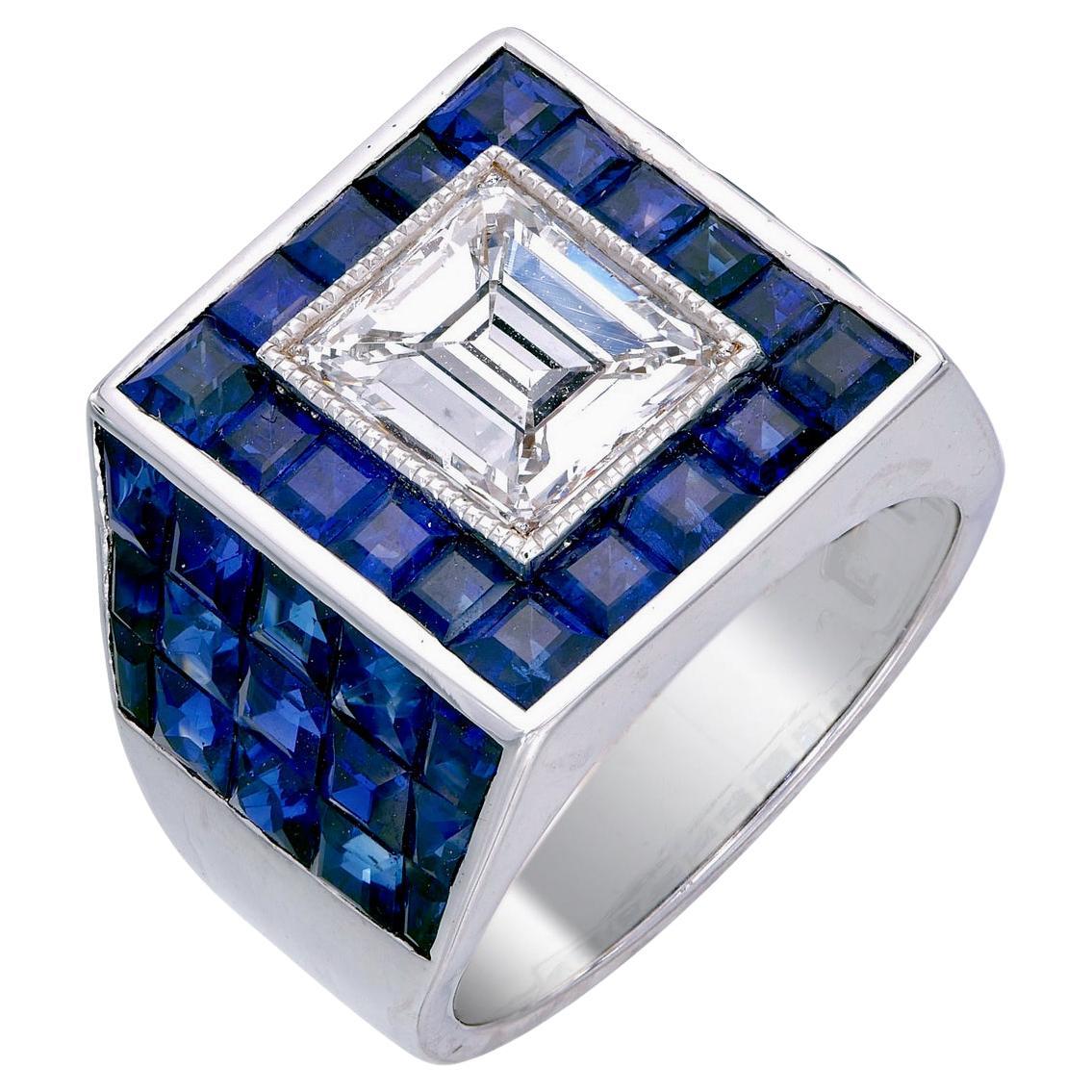 GIA Certified 2.50 Carat Diamond And Blue Sapphire Ring In 18 Karat White Gold For Sale