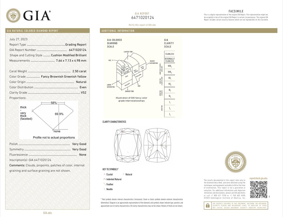 Diamante certificado por el GIA de 2,50 quilates Amarillo pardo verdoso fantasía VS2 Claridad en venta 1