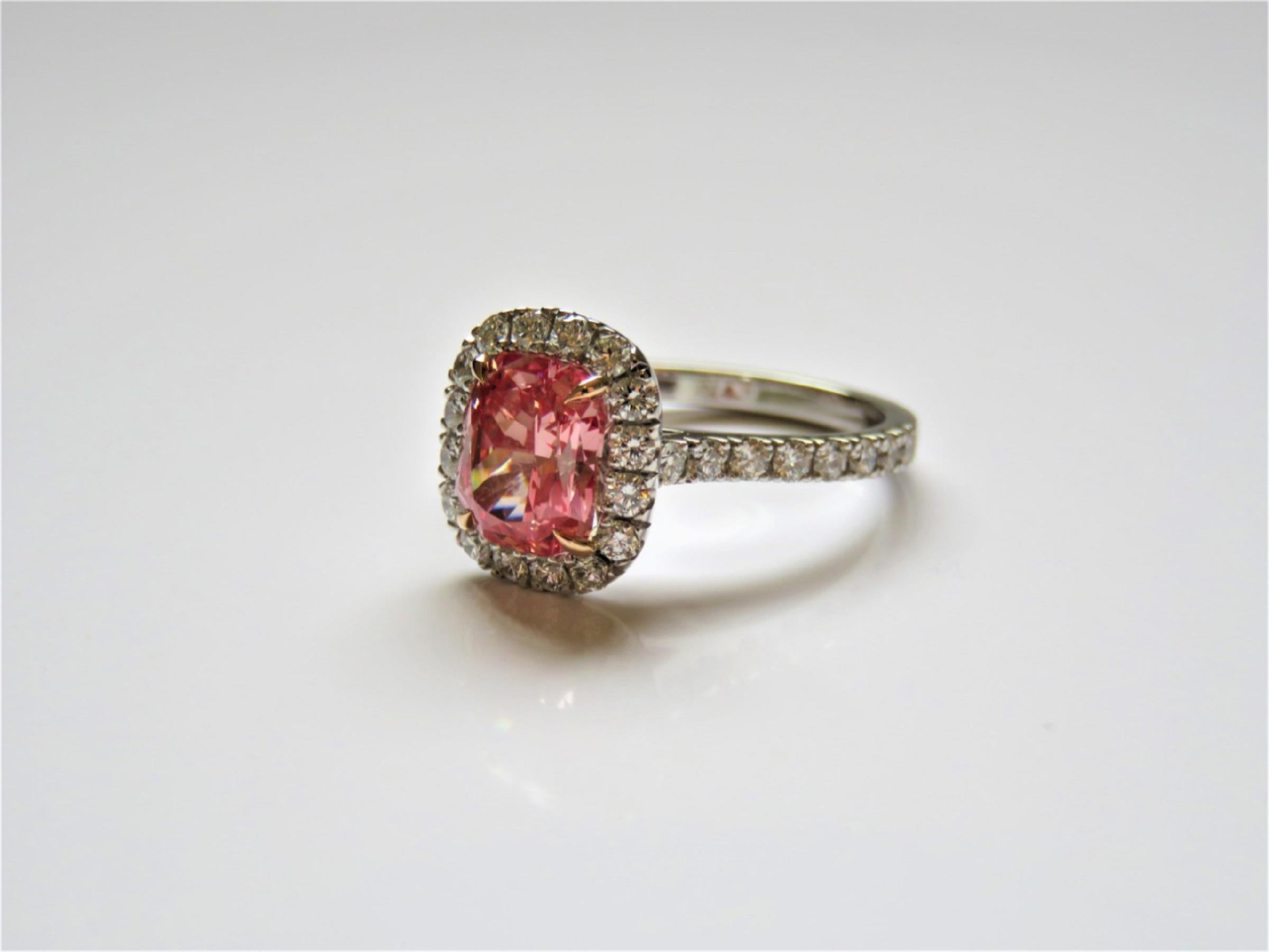 Cushion Cut GIA Certified 2 Carat Fancy Vivid Orangy Pink Cushion Diamond Halo Ring