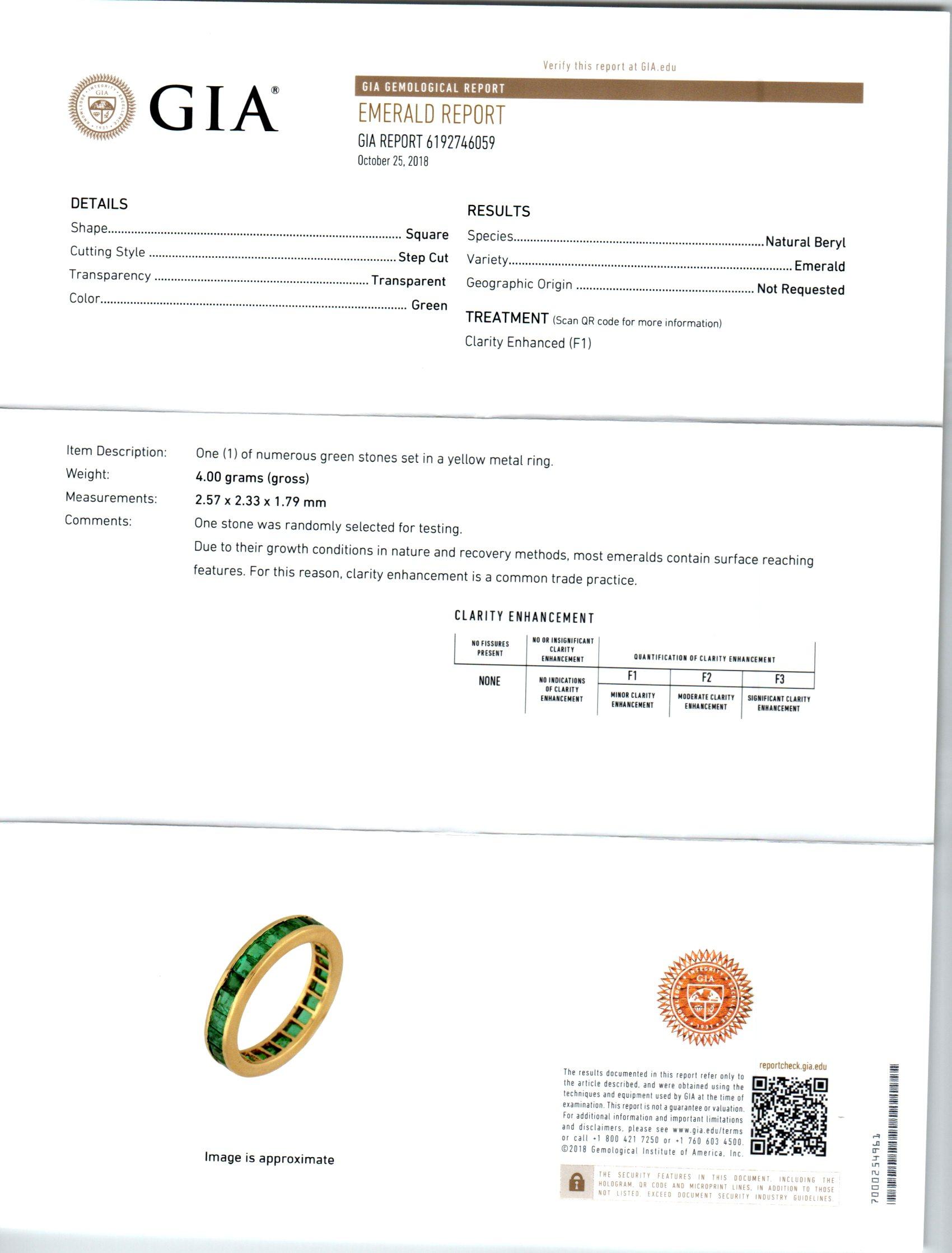 Women's GIA Certified 2.50 Carat Green Emerald Yellow Gold Eternity Wedding Band Ring