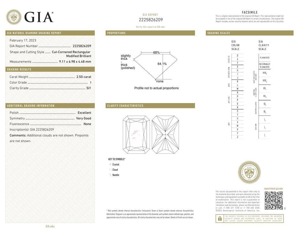 Contemporaneo GIA Certified 2,50 Carati Radiant Solitaire Cathedral Platinum Diamond Ring in vendita