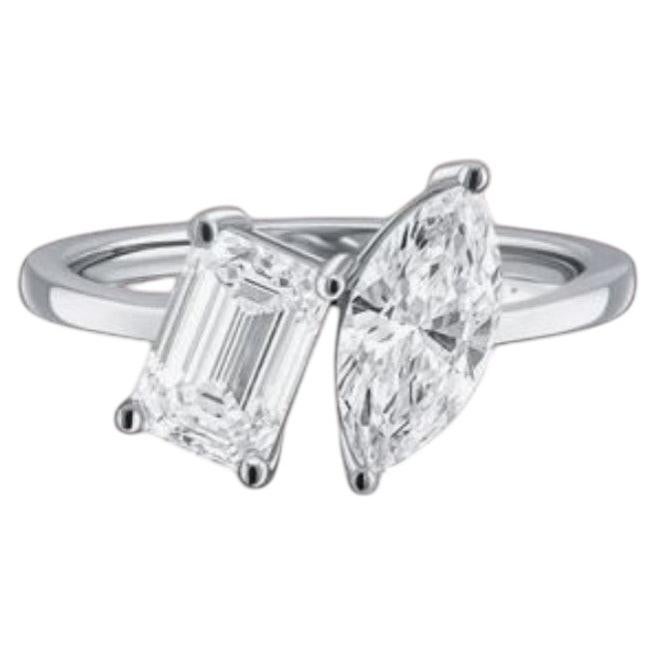 GIA Certified 2.50 Cts F/VS1 Emerald & Marquise Toi Et Moi Diamond Ring 18K Gold