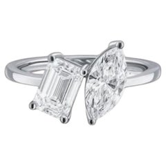 GIA Certified 2.50 Cts F/VS1 Emerald & Marquise Toi Et Moi Diamond Ring 18K Gold