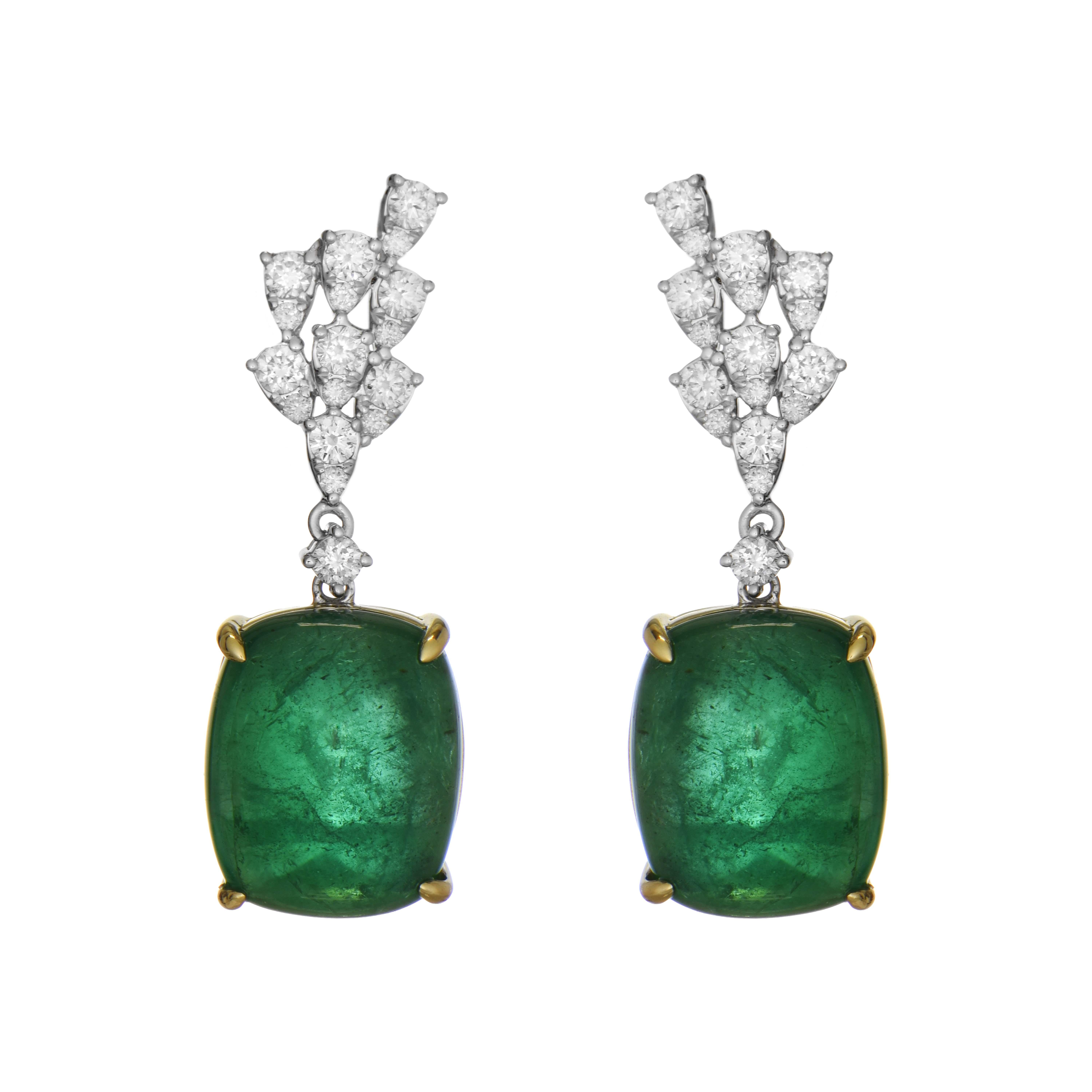 Mixed Cut GIA Certified 25.05 Carat Emerald and White Diamond White-Yellow Gold Earrings For Sale
