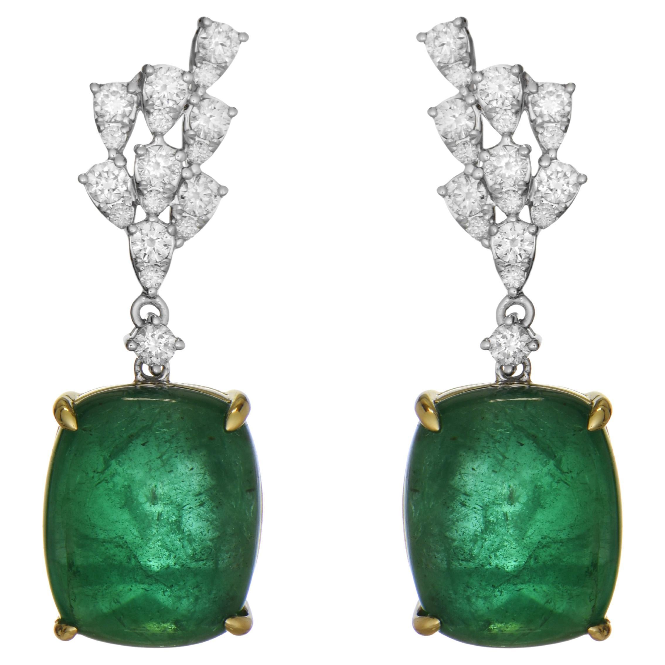 GIA Certified 25.05 Carat Emerald and White Diamond White-Yellow Gold Earrings For Sale