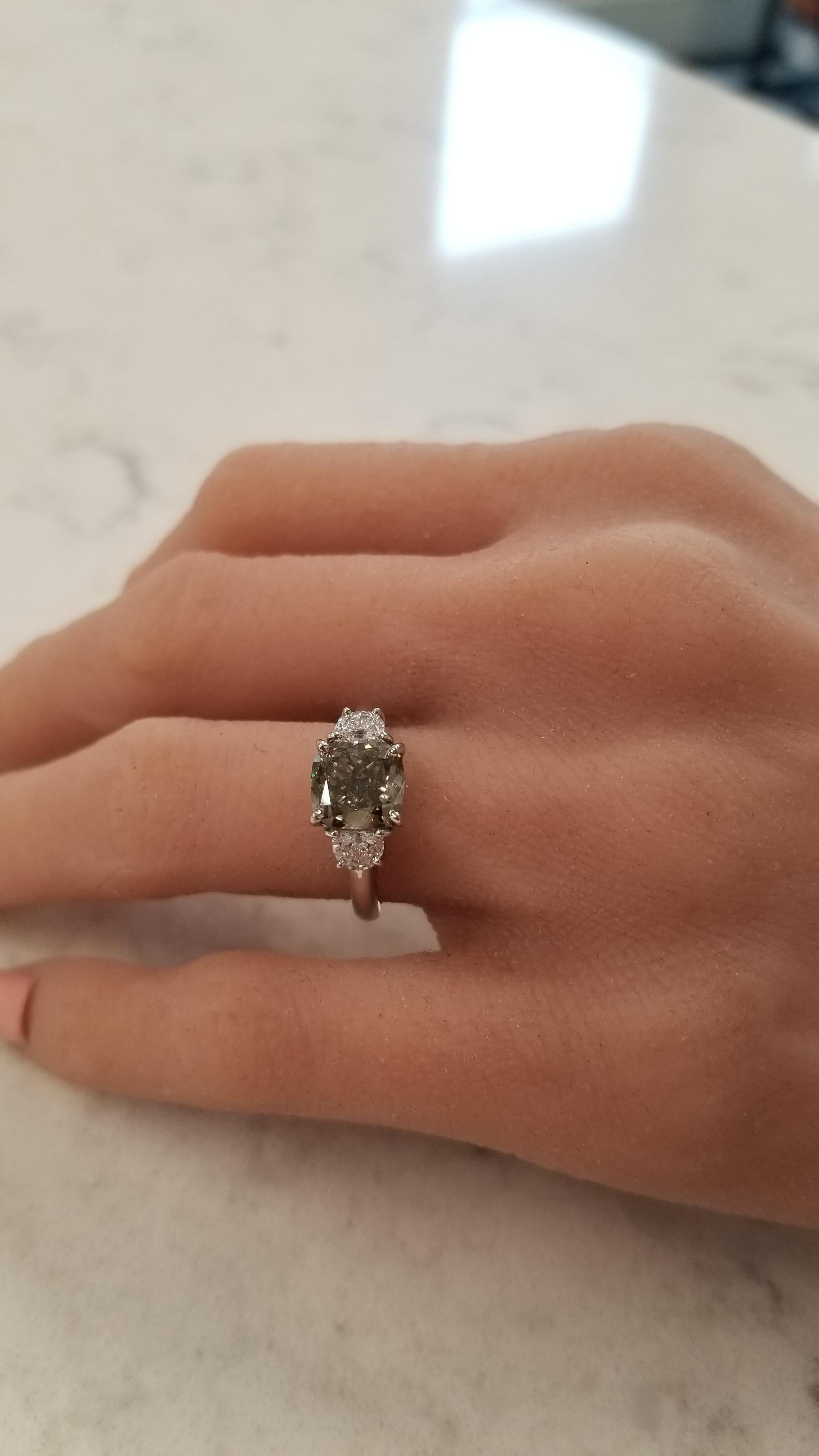 GIA Certified 2.51 Carat Cushion Cut Fancy Greenish Yellow Diamond Cocktail Ring In New Condition In Chicago, IL