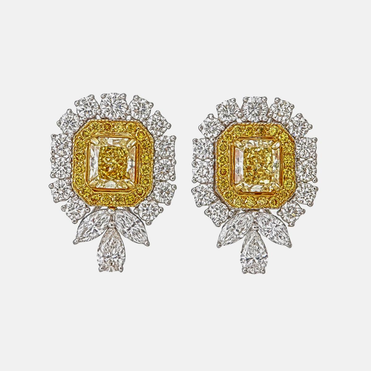 Gli eleganti orecchini con diamante giallo intenso di REWA jewels sono realizzati a mano in oro bianco 18 carati.

Con 40 diamanti taglio cuscino del peso di circa 0,21 carati, 2 diamanti del peso di circa 1,01 carati, 26 diamanti rotondi del peso