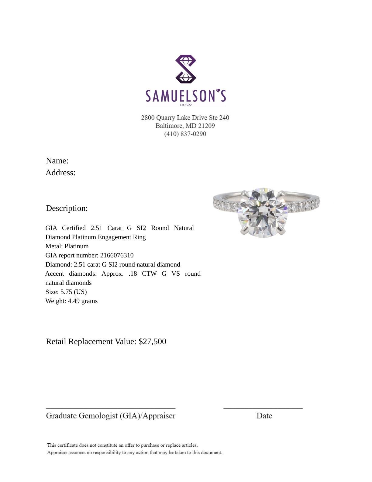 GIA Certified 2.51 Carat G SI2 Round Natural Diamond Platinum Engagement Ring  For Sale 1
