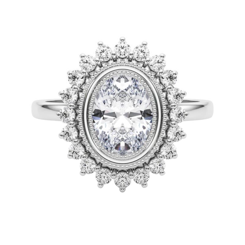 Anello di diamanti in platino con fiore d'epoca e cluster ovale da 2.51 carati certificato GIA