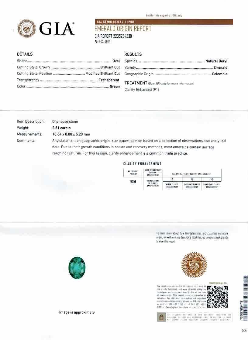 GIA Certified 2.51 Carats Oval Cut Colombian Emerald & Diamond Engagement Ring For Sale 2
