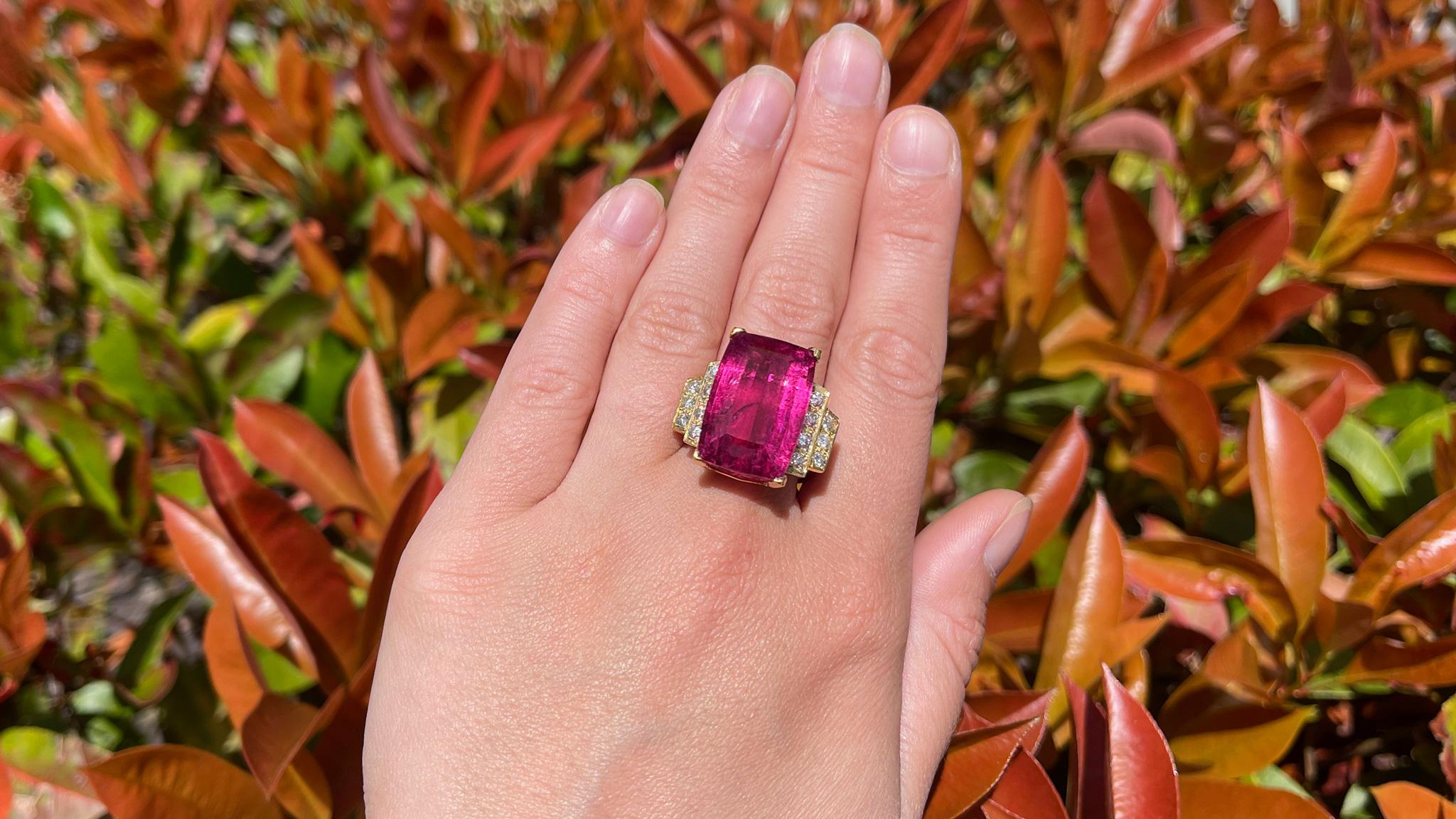 GIA Certified Pink Tourmaline = 25.19 Carat
Diamonds = 0.80 Carats
( Color: F, Clarity: VS )
Metal: 14K Yellow Gold
Ring Size: 9.5* US
*It can be resized complimentary.