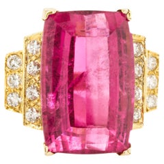 GIA Certified 25.19 Carat Hot Pink Tourmaline Ring Set With Diamonds 14K Gold