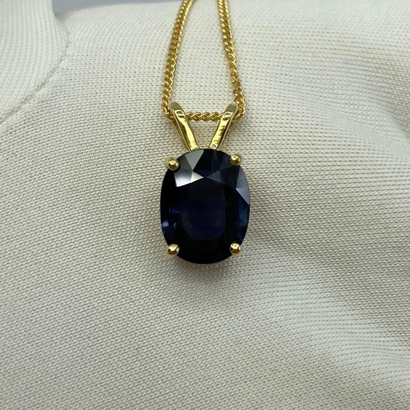 Fine GIA Certified Untreated Deep Blue Sapphire Oval 18k Yellow Gold Pendant Necklace.

Untreated 2.51 Carat oval cut sapphire with a stunning deep blue colour and very good clarity. A clean stone with only some small natural inclusions visible when