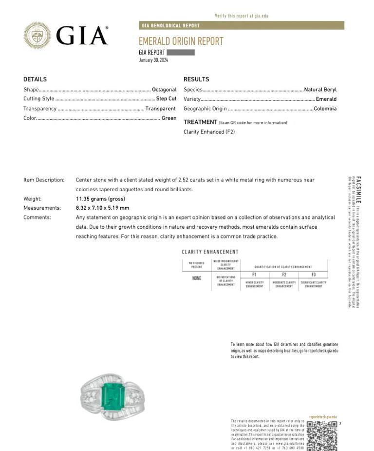 Anillo de Esmeralda Colombiana y Diamante en Platino de 2.52 quilates certificado por GIA Corte esmeralda en venta