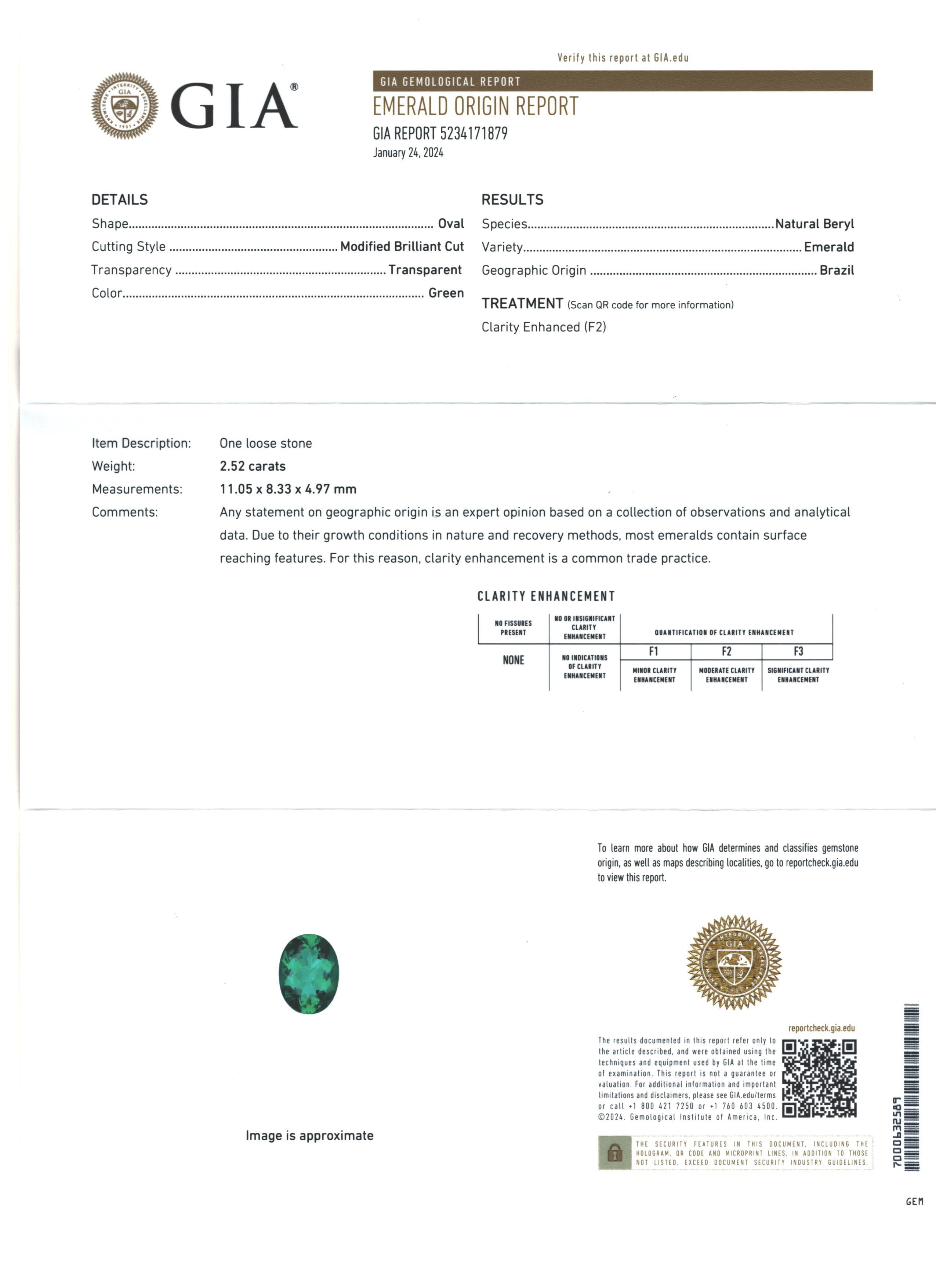 This exquisite cocktail ring features a 2.52 carat, extremely fine Brazilian emerald oval with superior clarity! With exceptionally rich, vibrant green color and a hint of elegant blue, this is a real gem! The emerald has been faceted as an oval,