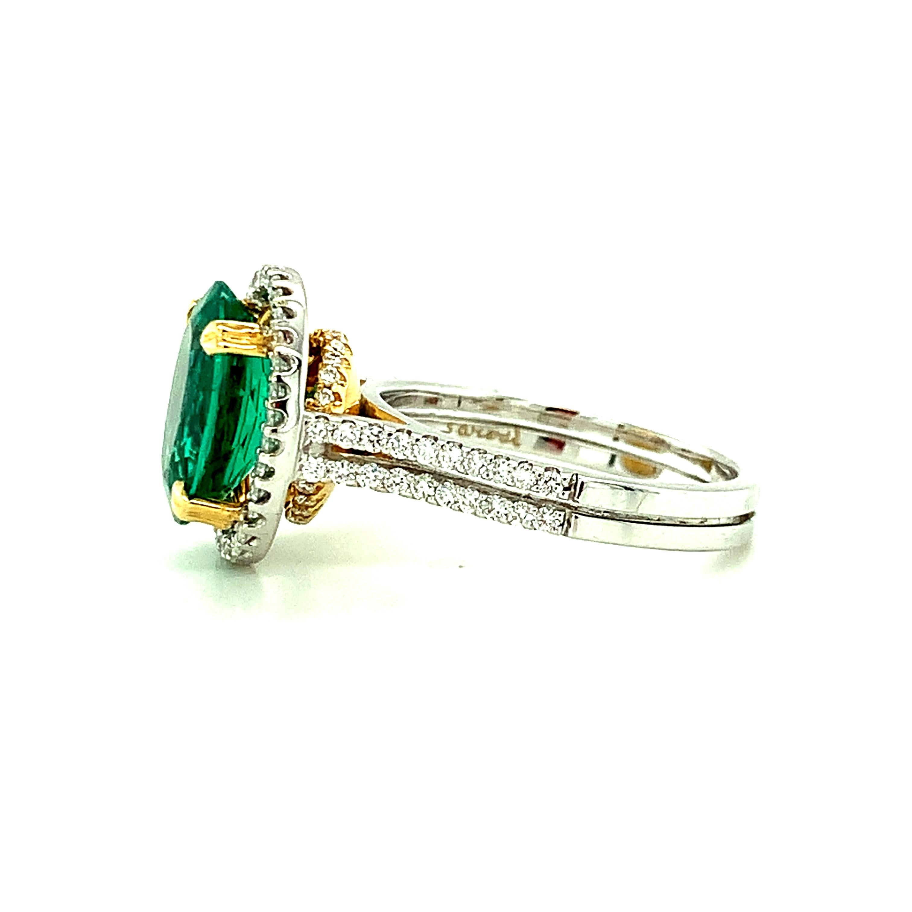 GIA Certified 2.52 Carat Emerald and Diamond Halo Cocktail Ring in 18k Gold For Sale 1