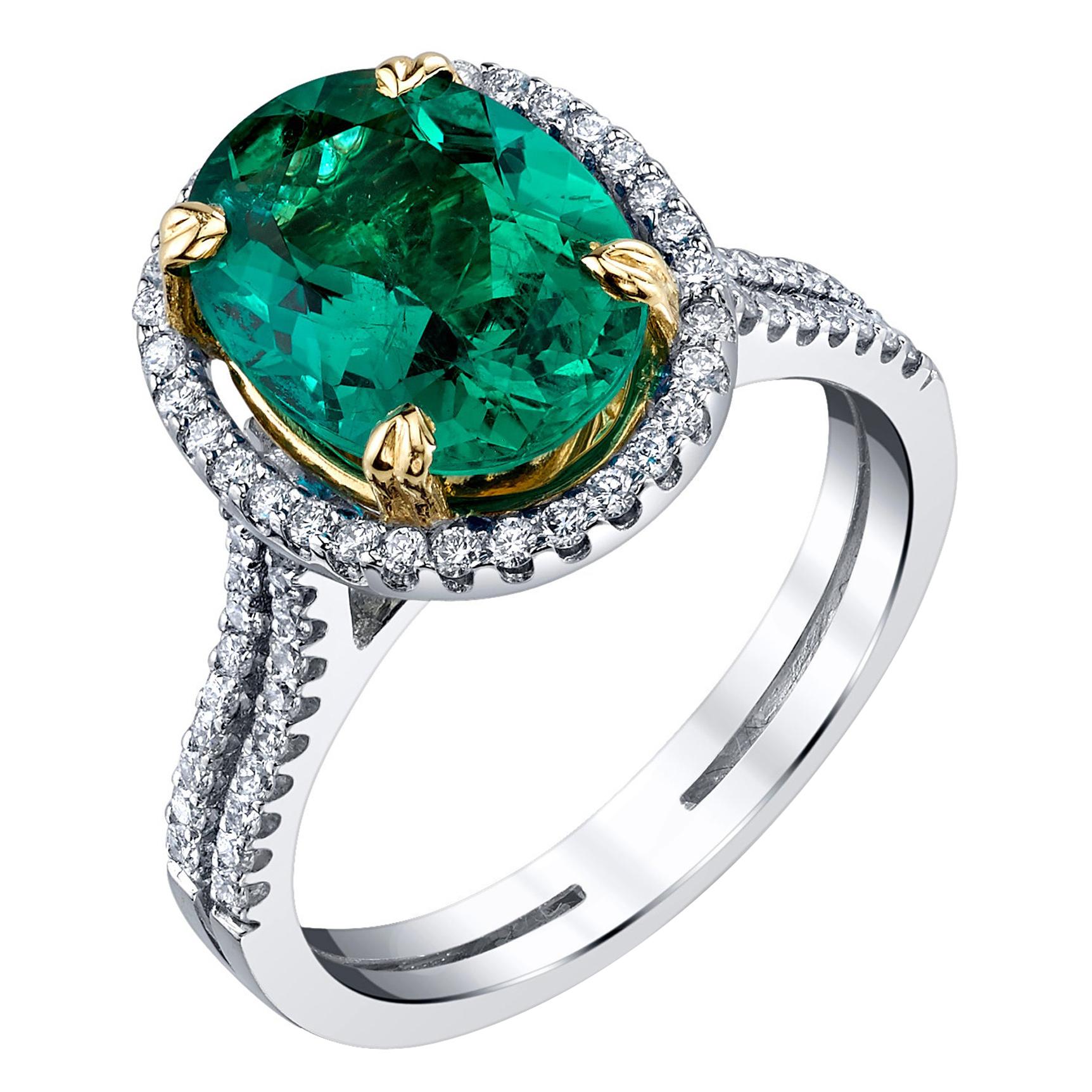 GIA Certified 2.52 Carat Emerald and Diamond Halo Cocktail Ring in 18k Gold