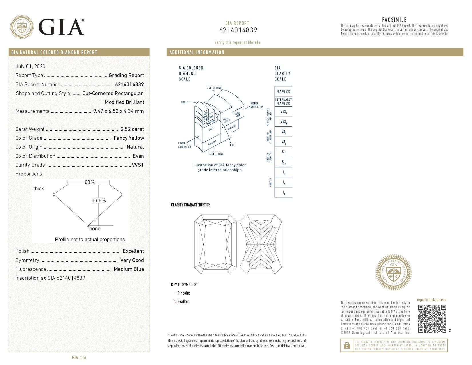 GIA Certified 2.52 Carat Fancy Yellow Radiant Cut Three-Stone Ring 1