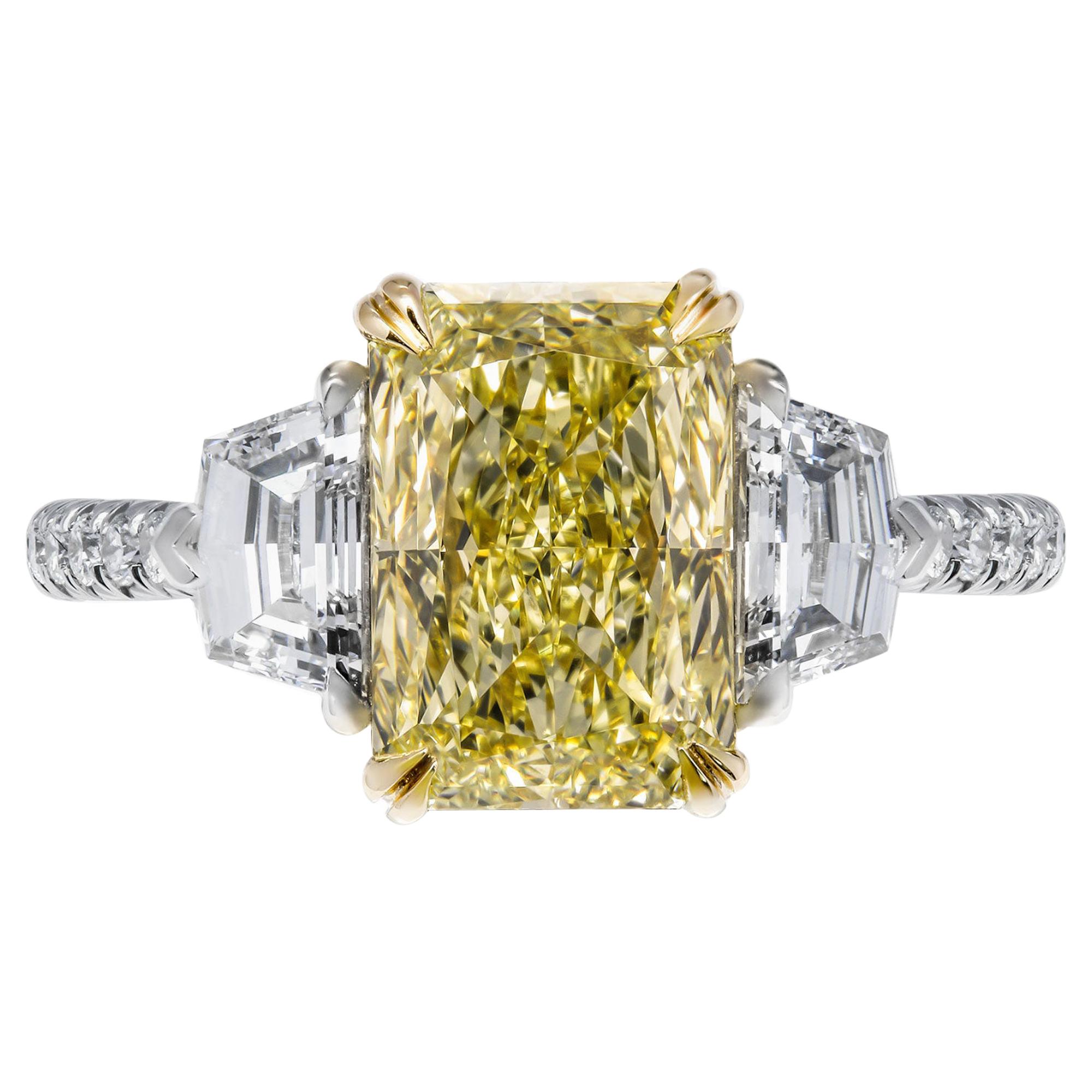 GIA Certified 2.52 Carat Fancy Yellow Radiant Cut Three-Stone Ring