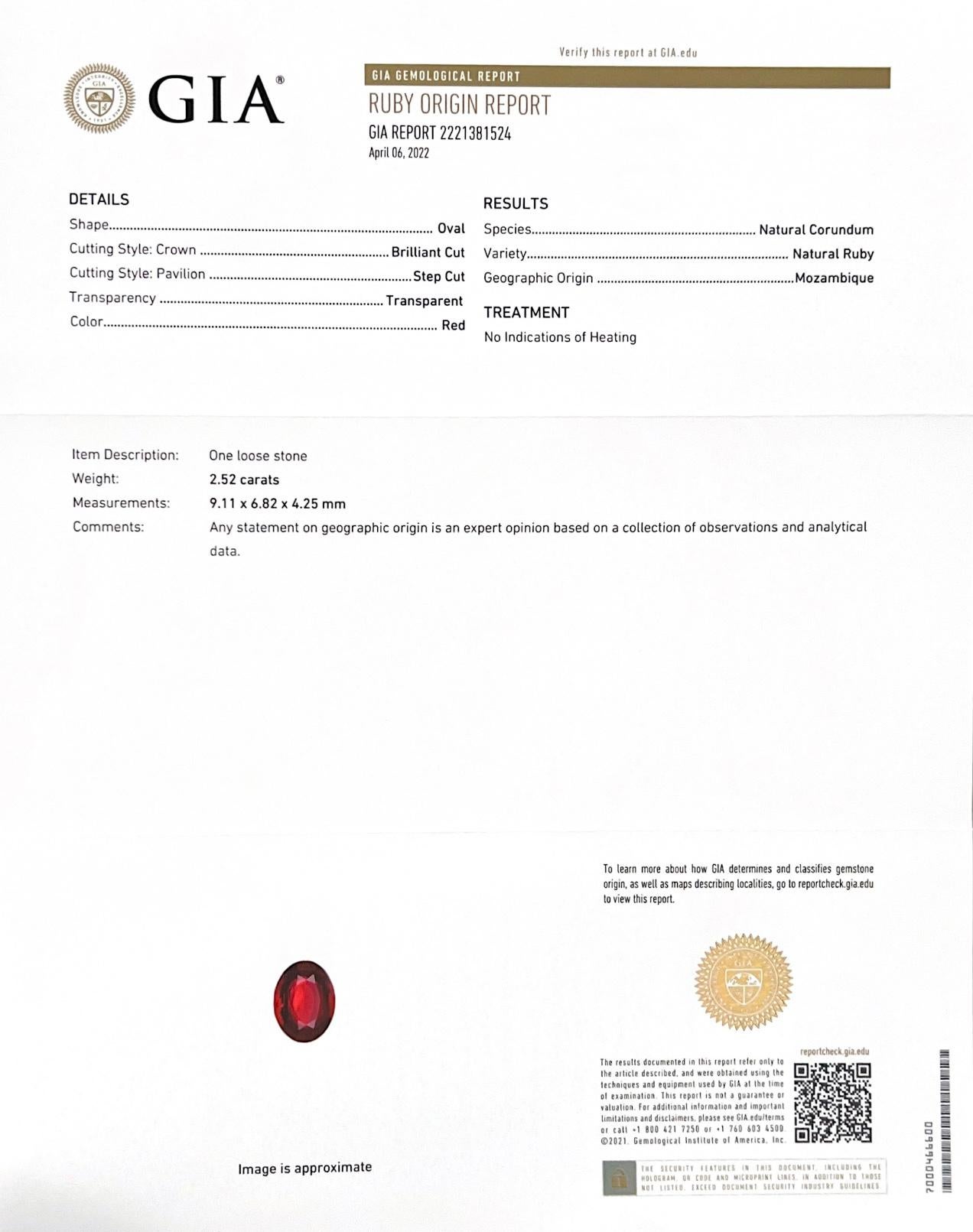 Solicita más vídeos/fotos.

Identificación: Rubí natural
- Quilates: 2,52 quilates
- Forma: Oval
- Medida: 9,11 x 6,82 x 4,25 mm
- Color: Rojo
- Cortar: Brillante/paso
- Origen: Mozambique
- Informe: Informe GIA