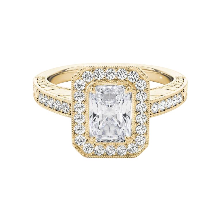 Bague à diamant ajouré certifiée GIA de 2.52 carat avec halo radiant gravé