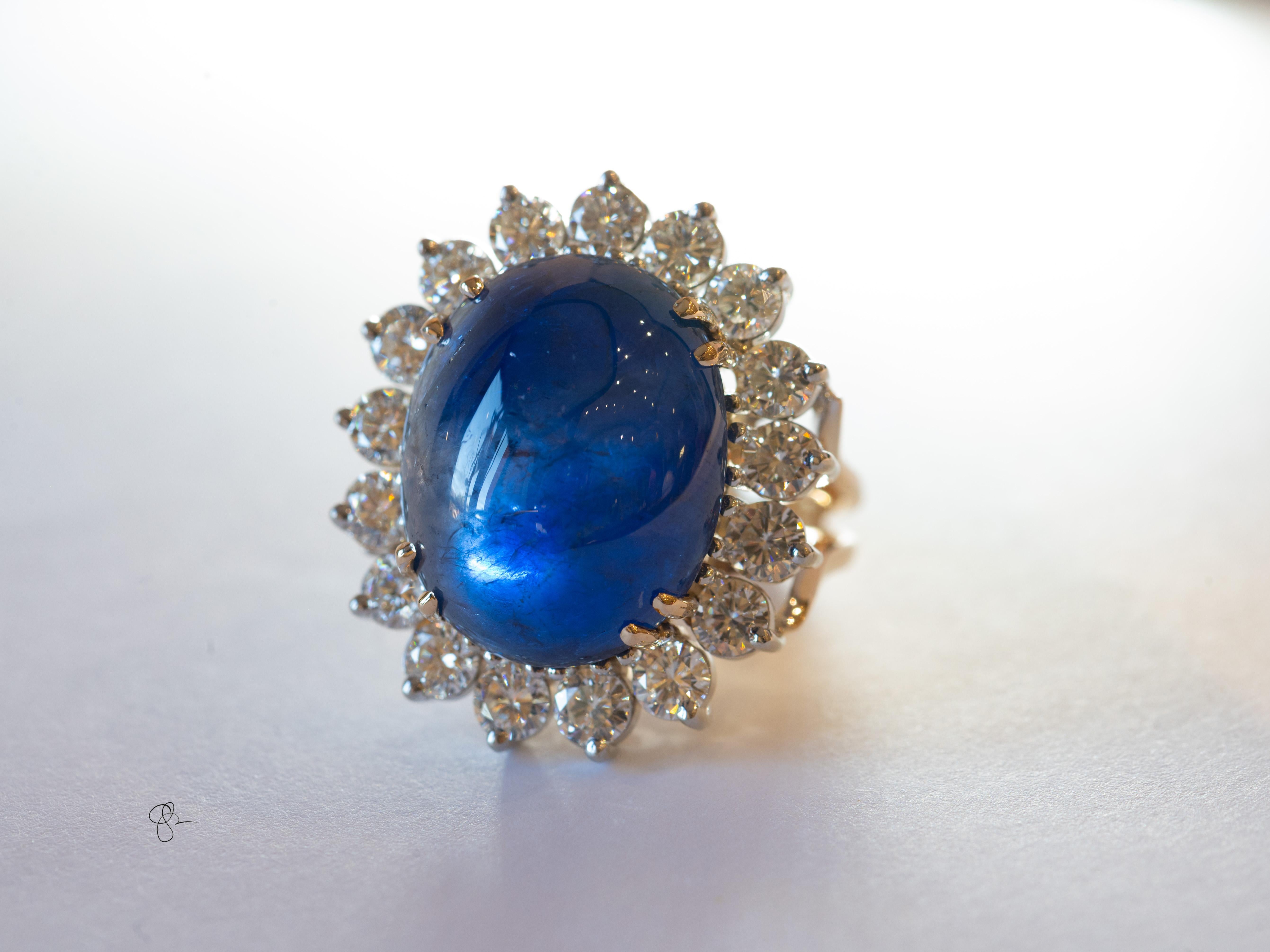 Taille cabochon Bague cocktail saphir étoilé et diamant certifié GIA 25,21 carats Natura Burmal en vente