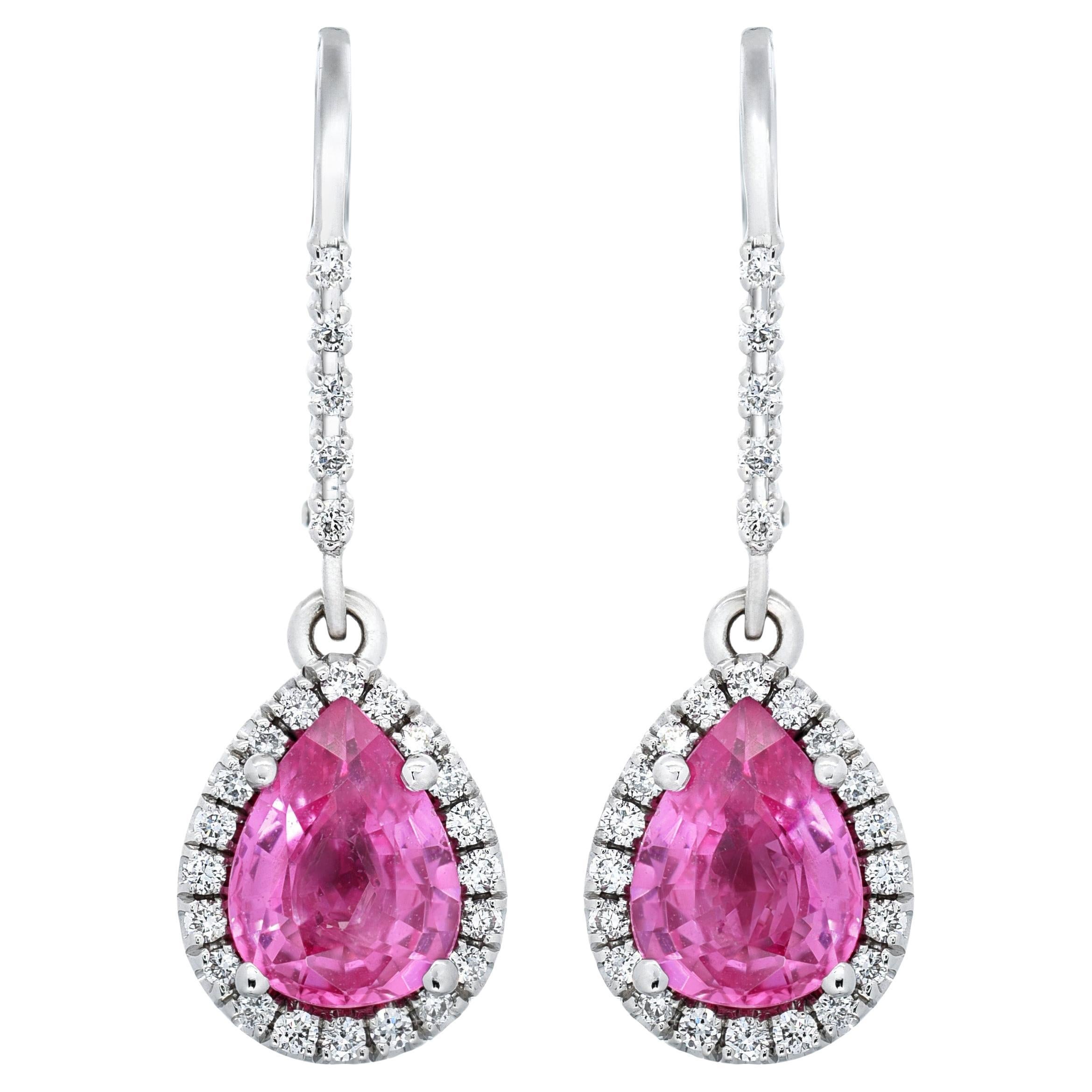 Certified Natural 2.53 Сts Pink Sapphire Earrings set in 14 KWG with Diamonds