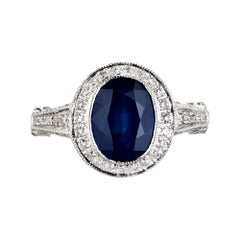 GIA Certified 2.53 Carat Oval Cornflower Sapphire Diamond Halo Platinum Ring