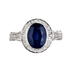 Antique GIA Certified 2.53 Carat Oval Cornflower Sapphire Diamond Halo Platinum Ring