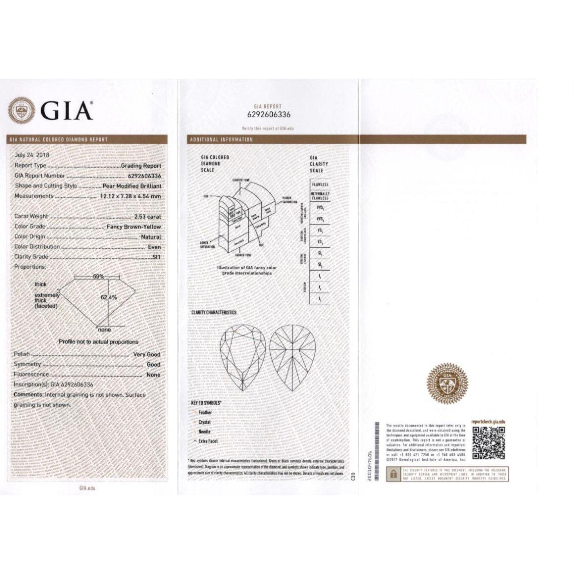 Bague de fiançailles certifiée GIA, 2,53 carats, diamant brun taillé en poire, halo pavé en vente 2