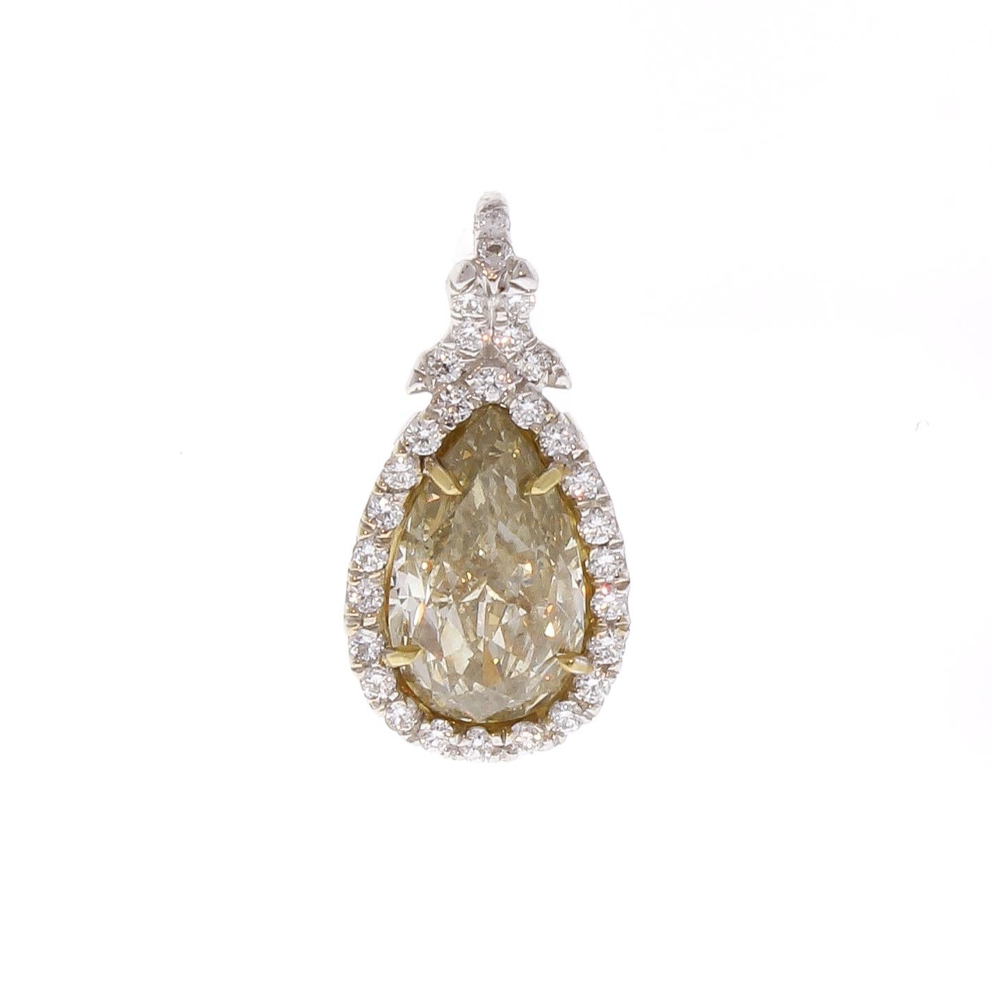 GIA Certified 2.53 Carat Pear Shape Fancy Light Yellow Two-Tone Diamond Pendant  In New Condition In Chicago, IL