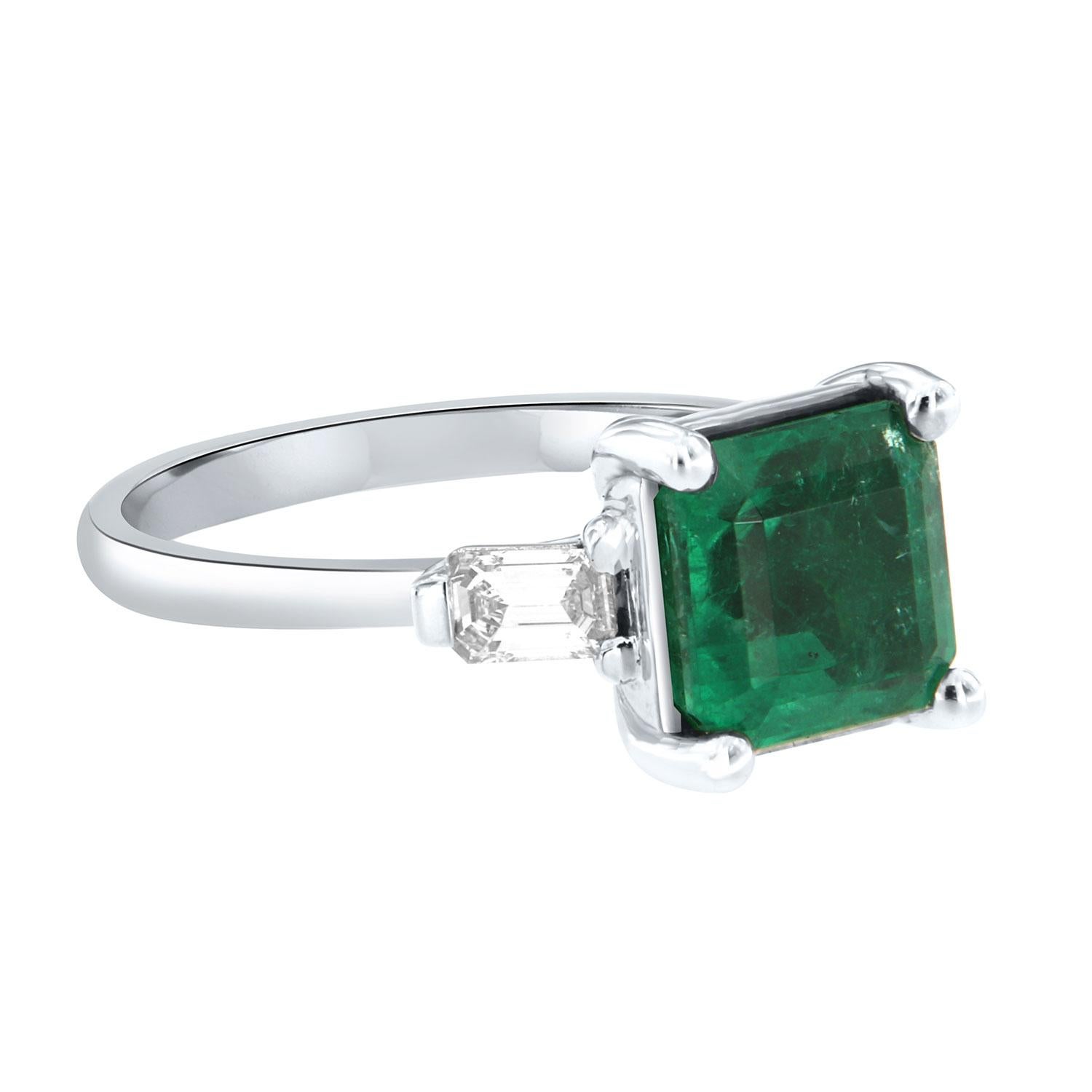 Baguette Cut GIA Certified 2.54 Carat Asscher Green Emerald & Baguette Diamond Platinum Ring For Sale