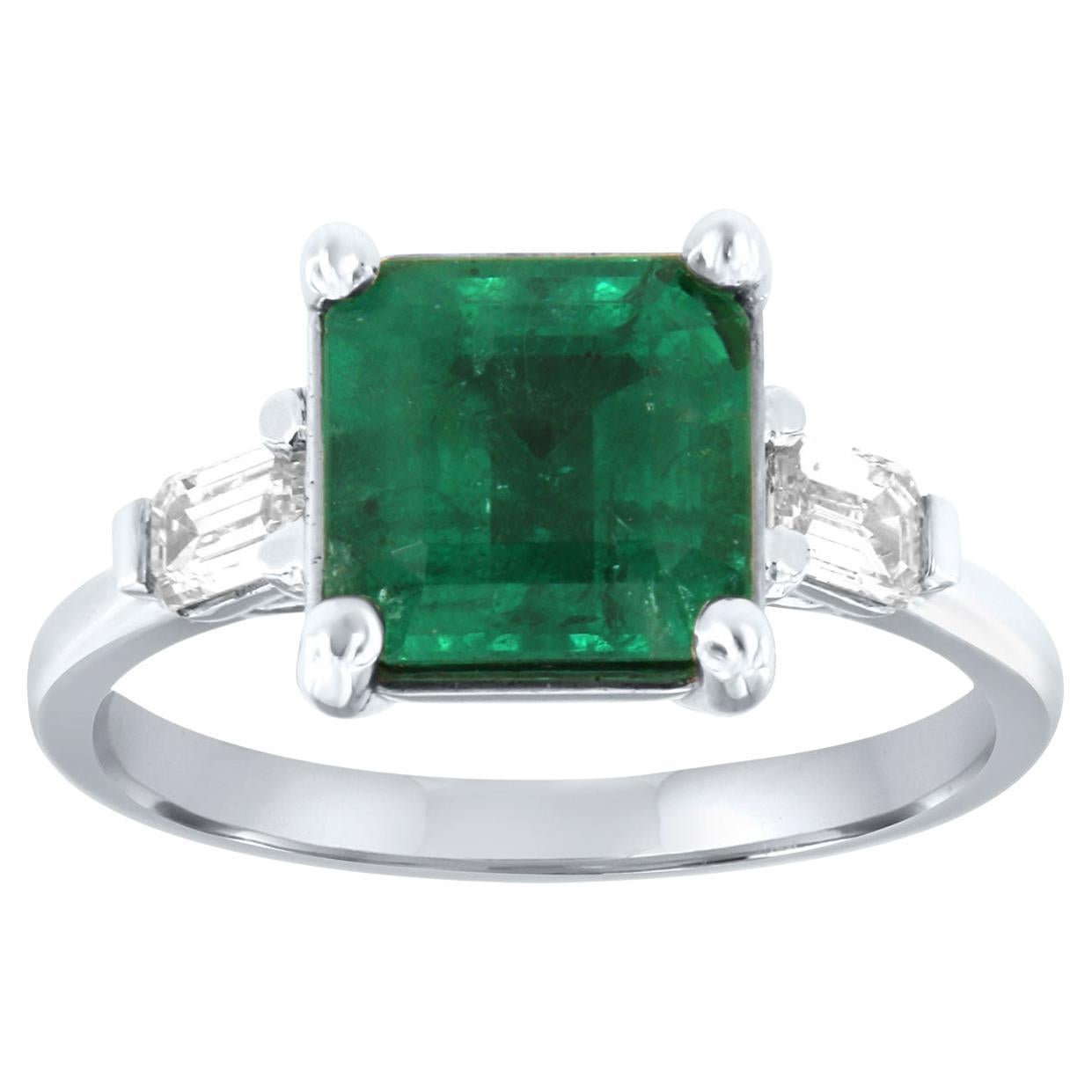 GIA Certified 2.54 Carat Asscher Green Emerald & Baguette Diamond Platinum Ring