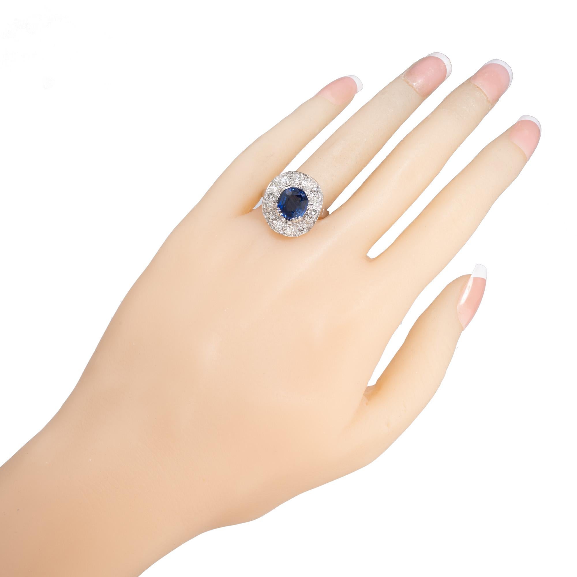 GIA Certified 2.54 Carat Cushion Cut Sapphire Diamond Wave Gold Engagement Ring For Sale 4